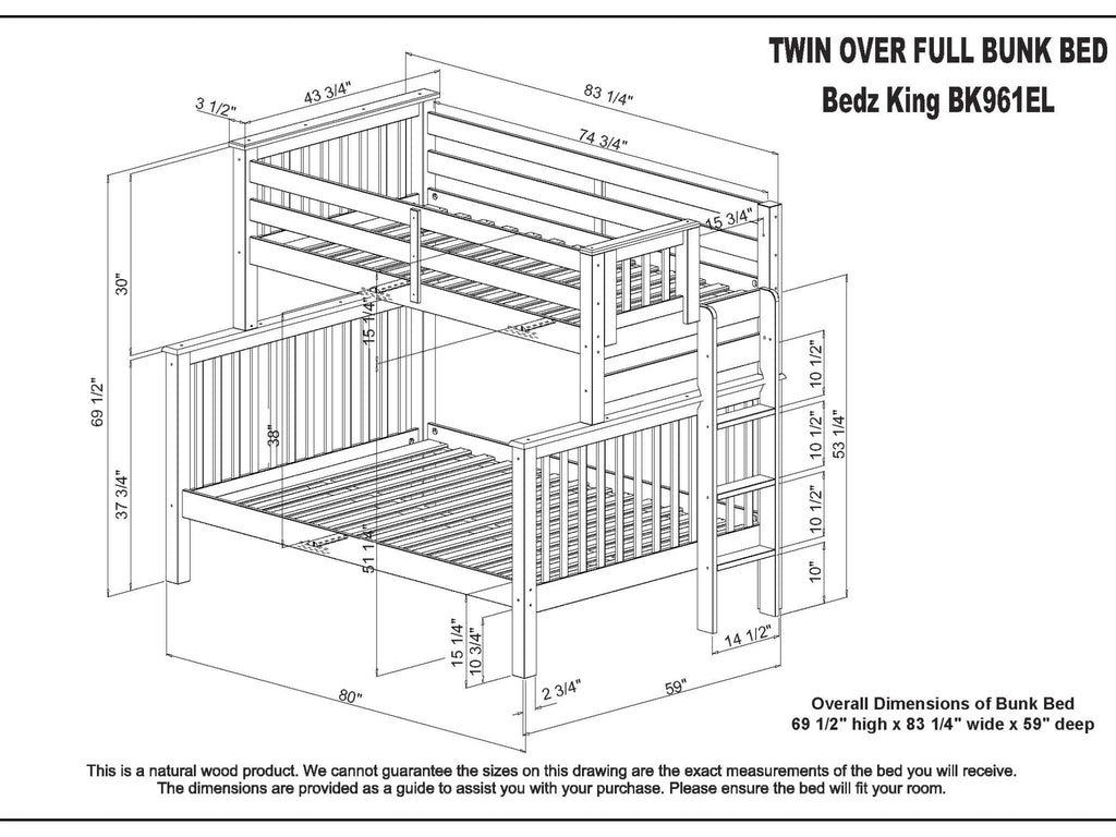 Bedz King Bunk Beds Twin over Full Mission Style with End Ladder, Dark Cherry