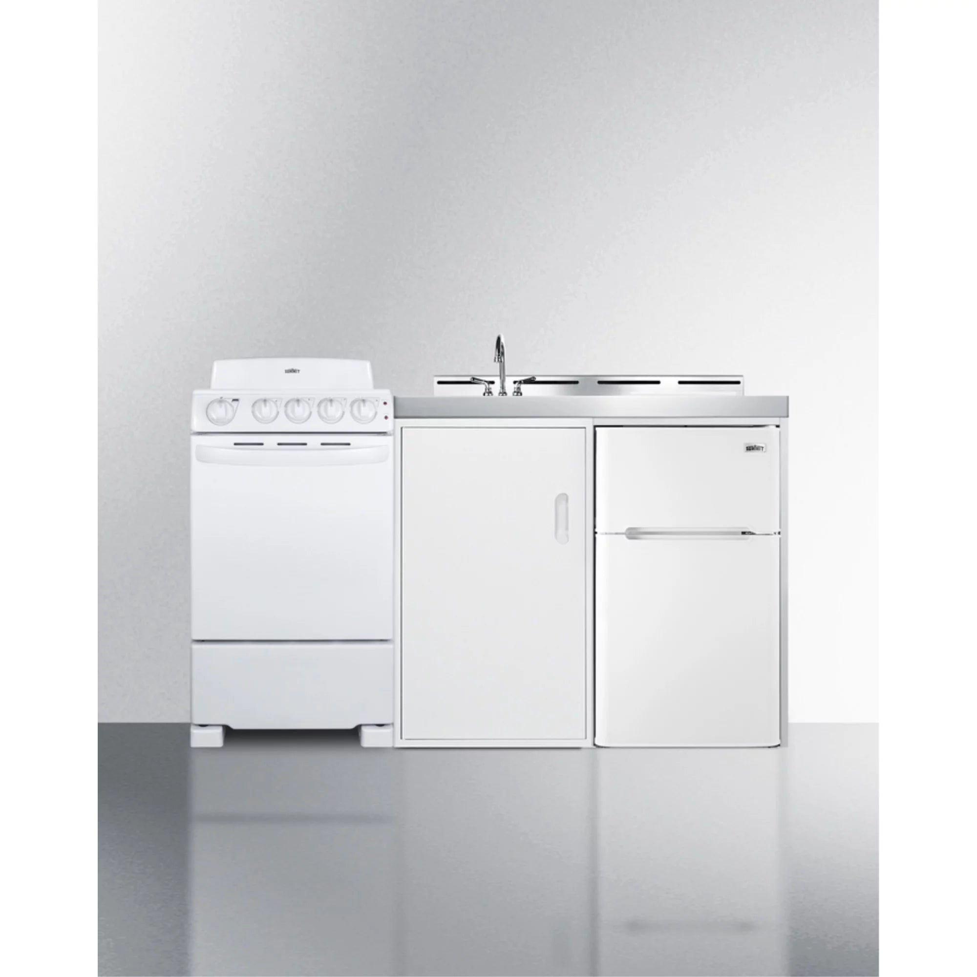 All-in-one combination kitchenette with refrigerator-freezer, sink, storage cabinet, and coil range