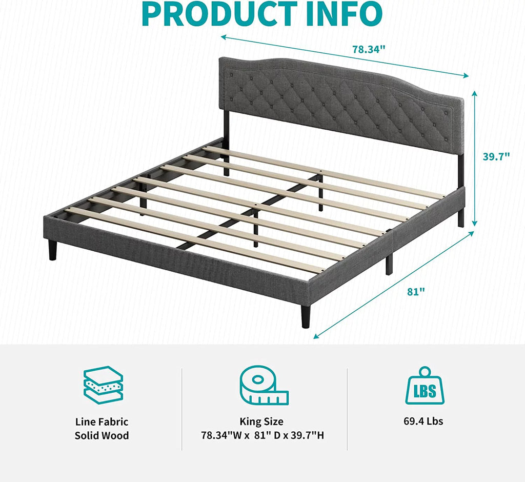 BALUS King Size Upholstered Bed Frame with Headboard,Metal Bed Frame with Steel Slat Support / No Box Spring Needed / Easily Assemble/No Mattress (Dark Gray)