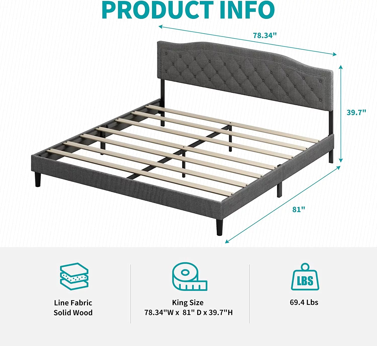 BALUS King Size Upholstered Bed Frame with Headboard,Metal Bed Frame with Steel Slat Support / No Box Spring Needed / Easily Assemble/No Mattress (Dark Gray)