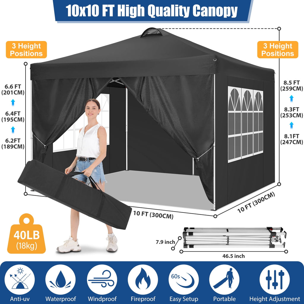 10'x10' EZ Pop Up Canopy with Top Vent, Large Commercial Tent, Waterproof and Sunproof with 4 Removable Sidewalls, Suitable for Weddings come with 4 Sandbags (Black)