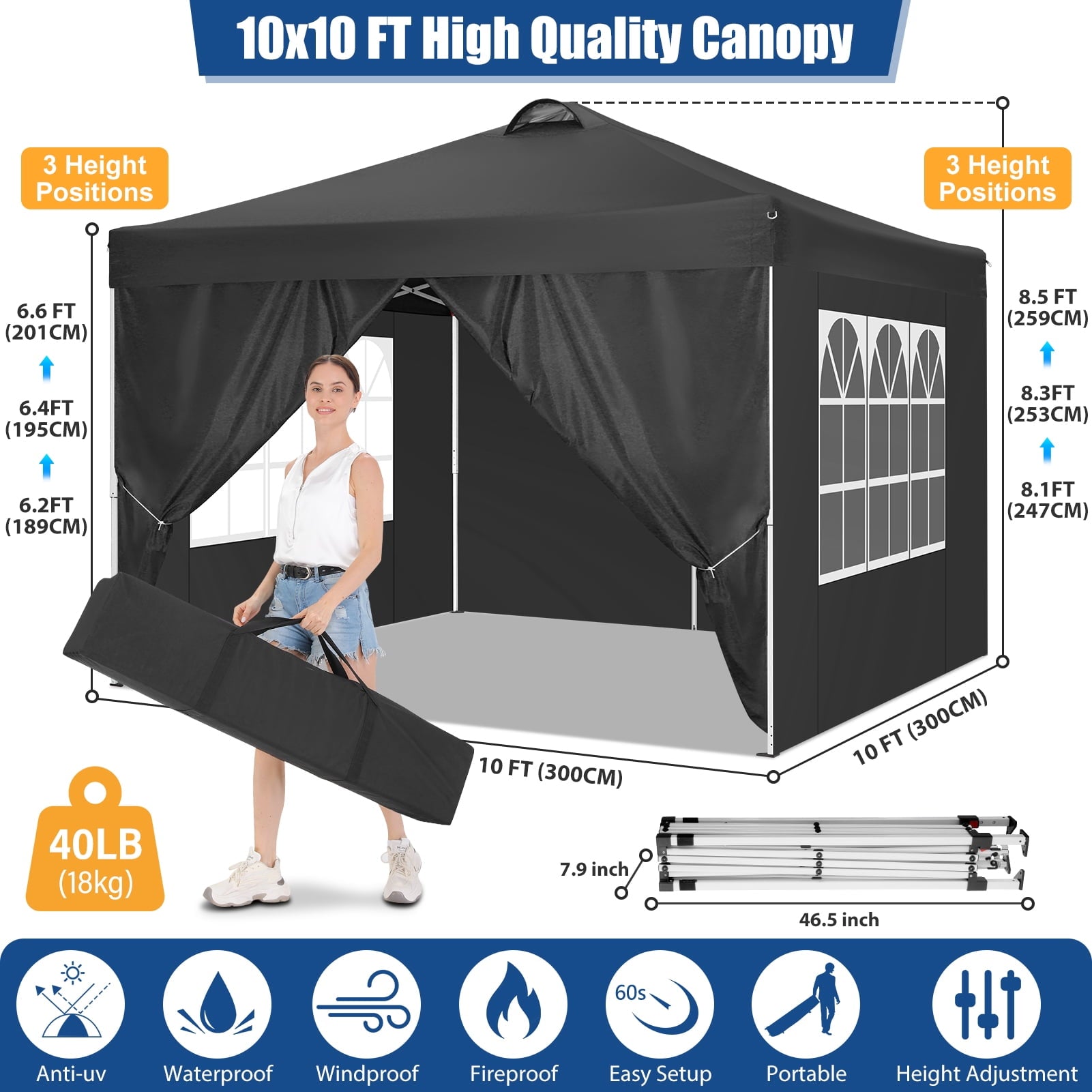 10'x10' EZ Pop Up Canopy with Top Vent, Large Commercial Tent, Waterproof and Sunproof with 4 Removable Sidewalls, Suitable for Weddings come with 4 Sandbags (Black)