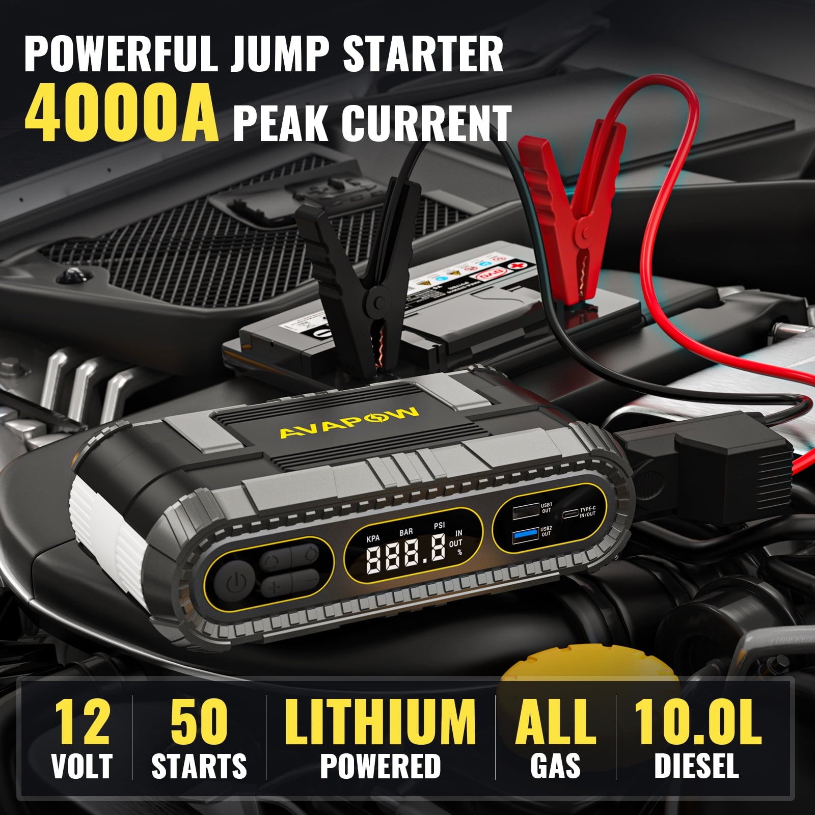 AVAPOW Jump Starter with Air Compressor, 4000A Battery Jump Starter (for All Gas or Up to 10L Diesel), 150PSI Digital Tire Inflator with Emergency Light
