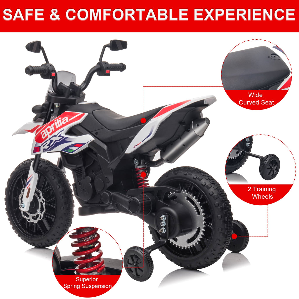 12V Electric Dirt Bike for Kids 3-6, Aprilia Powered Ride on Toy Car with 2 Training Wheels, LED Light, MP3 Player, Child 4 Wheeler Motorcycle for Boys Girls
