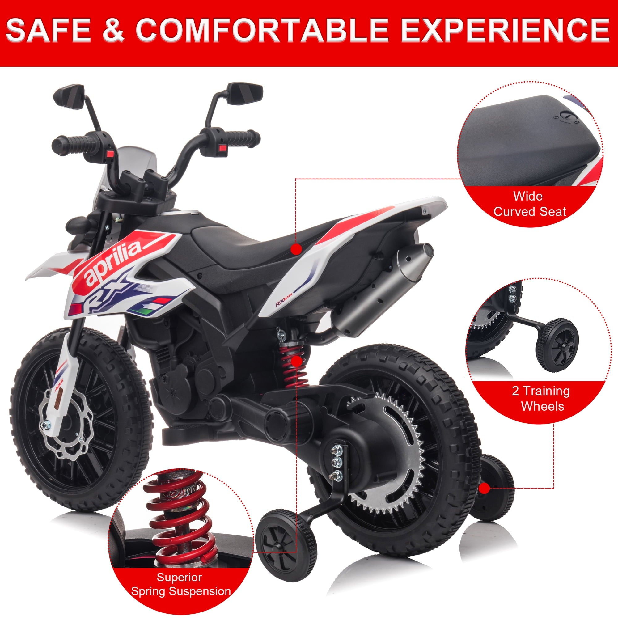 12V Electric Dirt Bike for Kids 3-6, Aprilia Powered Ride on Toy Car with 2 Training Wheels, LED Light, MP3 Player, Child 4 Wheeler Motorcycle for Boys Girls