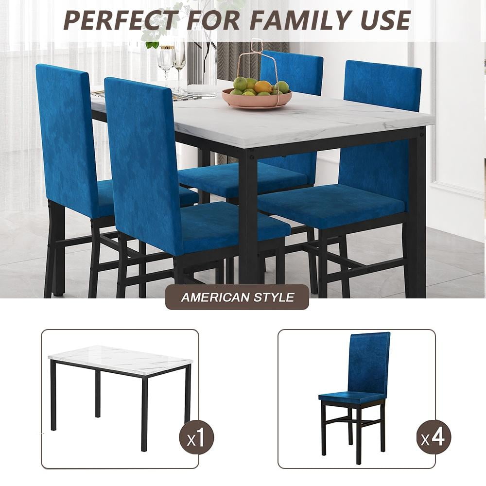 5 Piece Dining Table Set, Modern Faux Marble Tabletop and 4 PU Leather Upholstered Chairs, Rectangle Kitchen Table and Chairs for 4 Persons, Small Dining Set for Bar Dining Room Breakfast Nook
