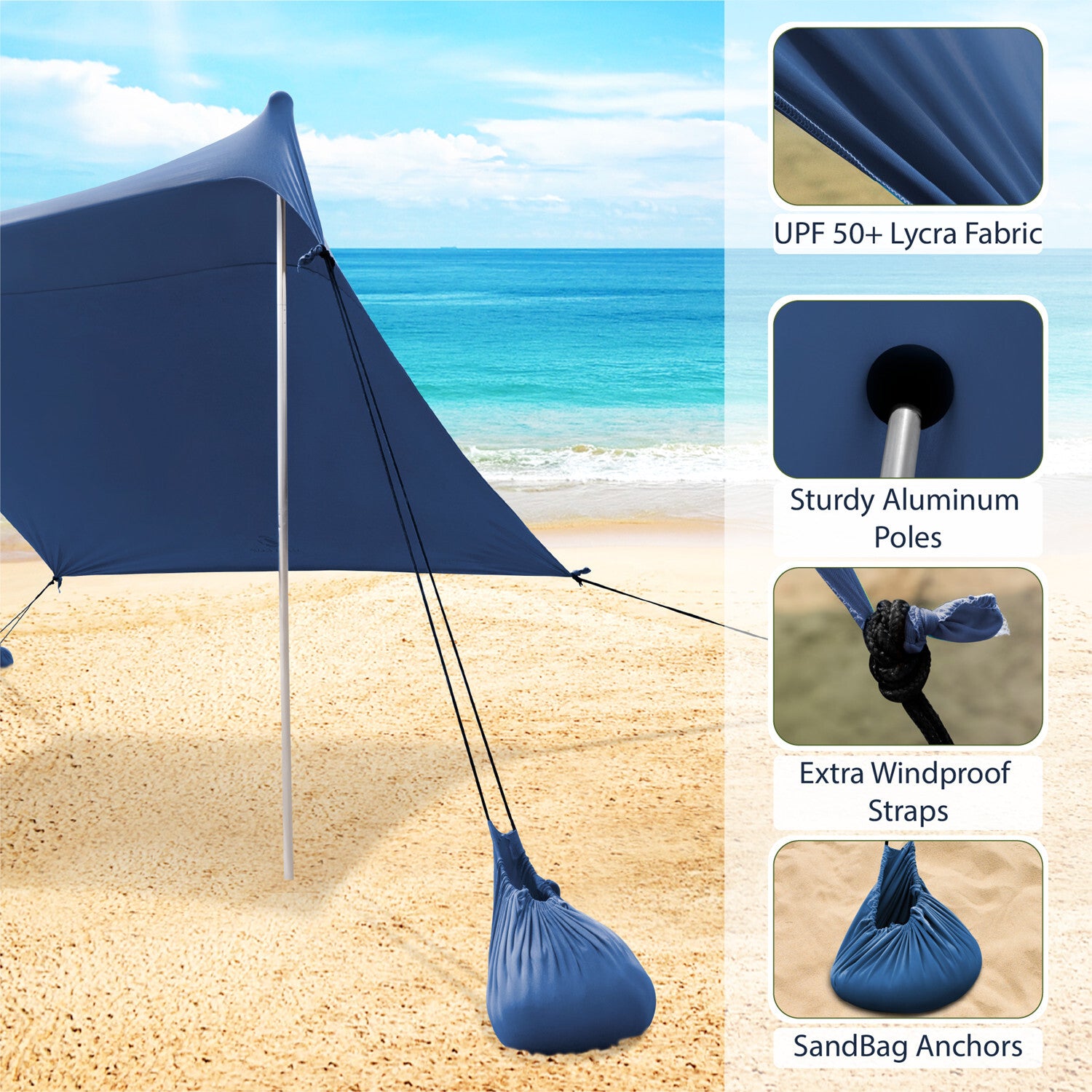 Alpha Camper Sunshade Beach Tent Sun Shelter UPF 50+ Portable Canopy Tent 7.6'x7.2' for 3-4 Person, Blue