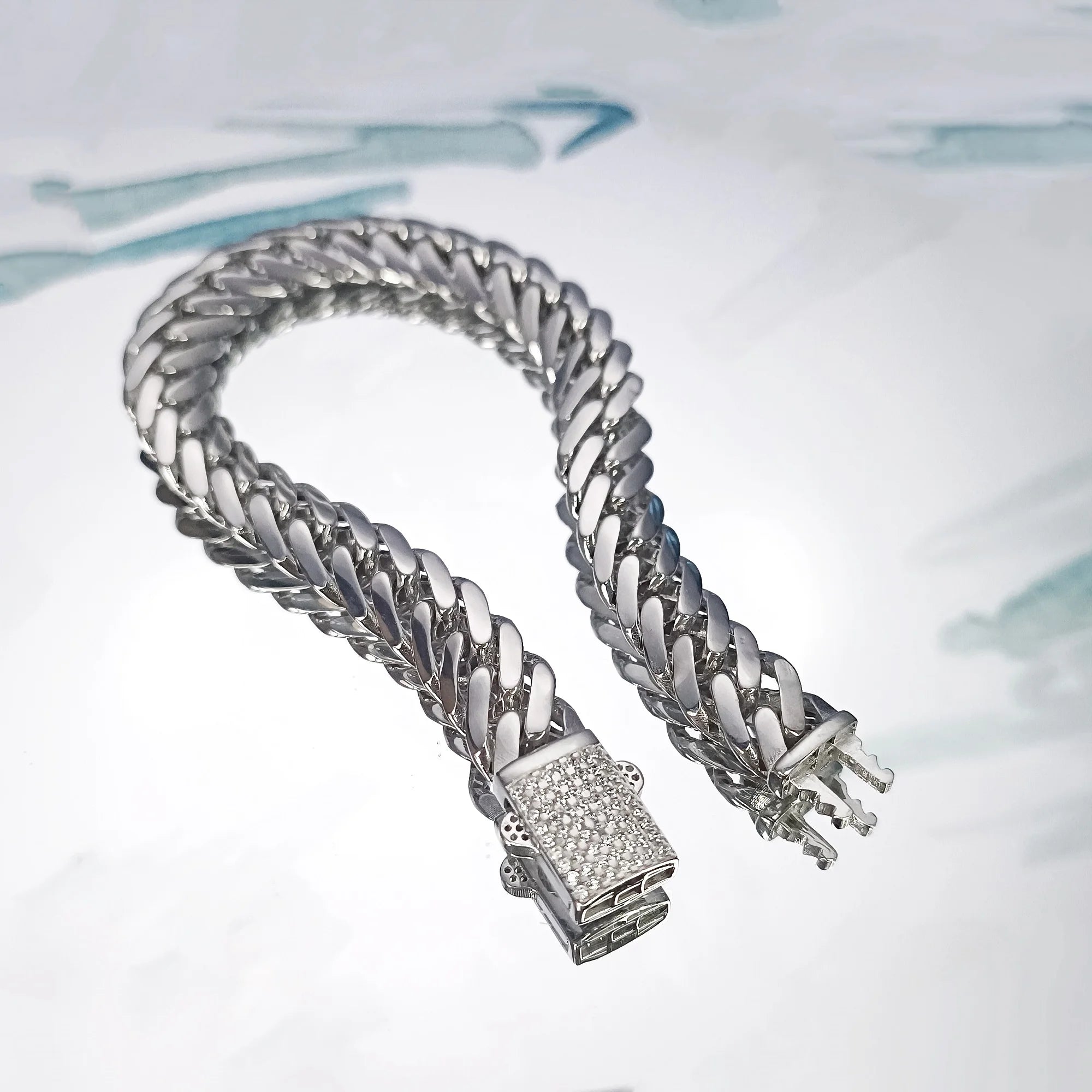 10mm 925 Sterling Silver Hollow Curb Chain Bracelet 8.4 in, Diamond Cut Flat Link Chain Bracelet for Men Zirconia Crystal Full Diamond Clasp