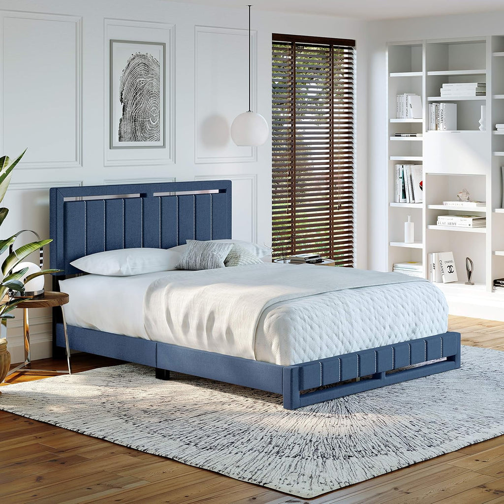 Beaumont Upholstered Platform Bed With Headboard, Mattress Foundation With Strong 14 Wood Slat Supports, No Box Spring Required, Blue Linen, Size King