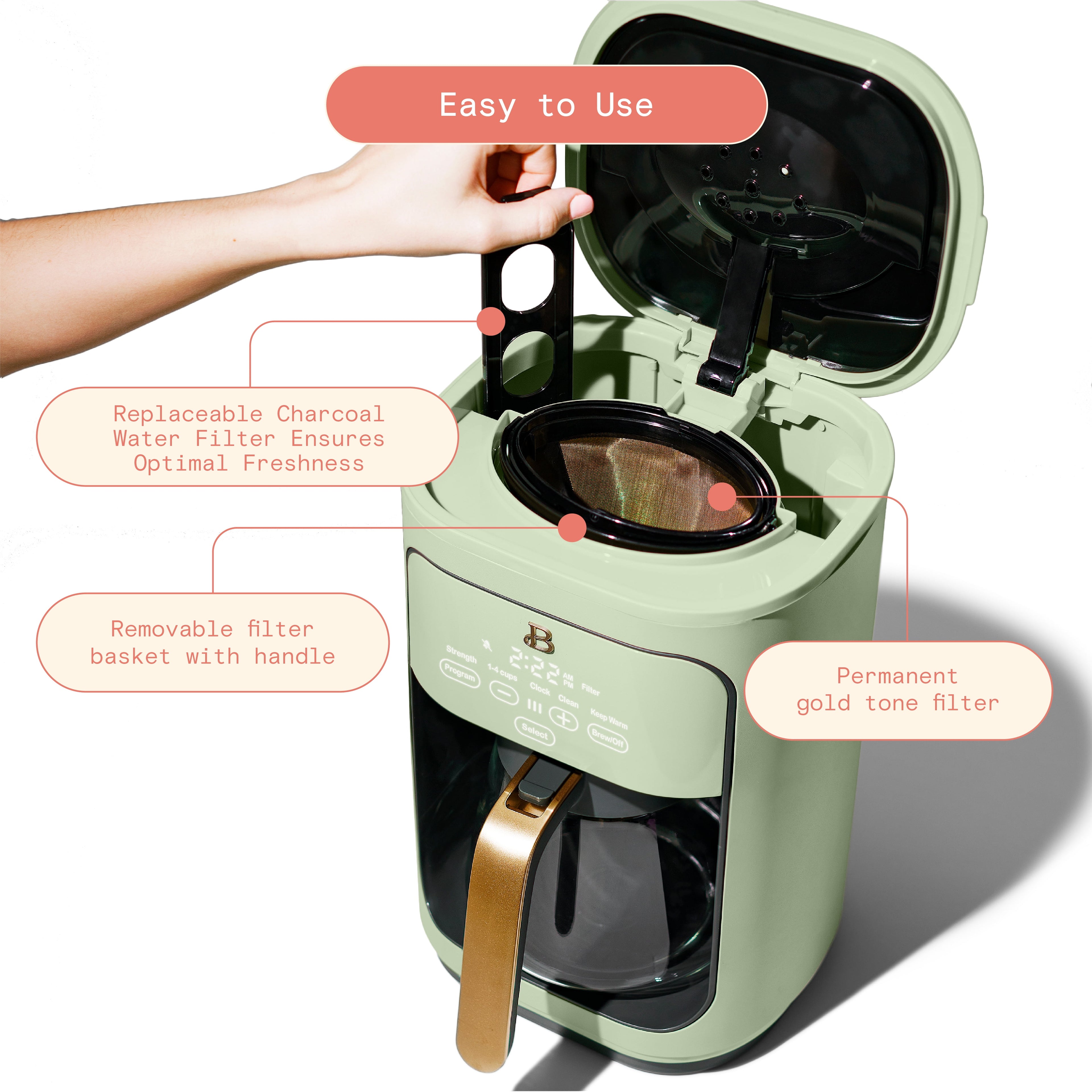 Beautiful 14-Cup Programmable Drip Coffee Maker with Touch-Activated Display, White Icing by Drew Barrymore