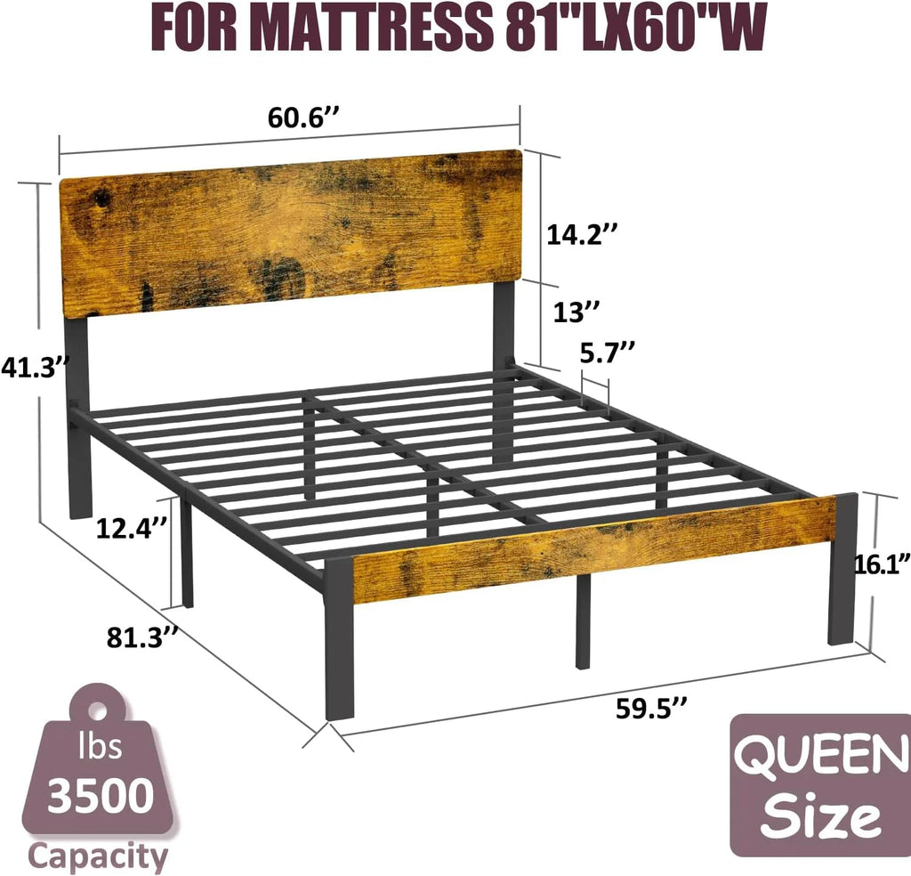 Bed Frame with Wooden Headboard and Footboard, Metal Platform Bed Frame with Strong Steel Slat Support, Mattress Foundation/No Box Spring Needed/Non-Slip/Noise Free (Queen)
