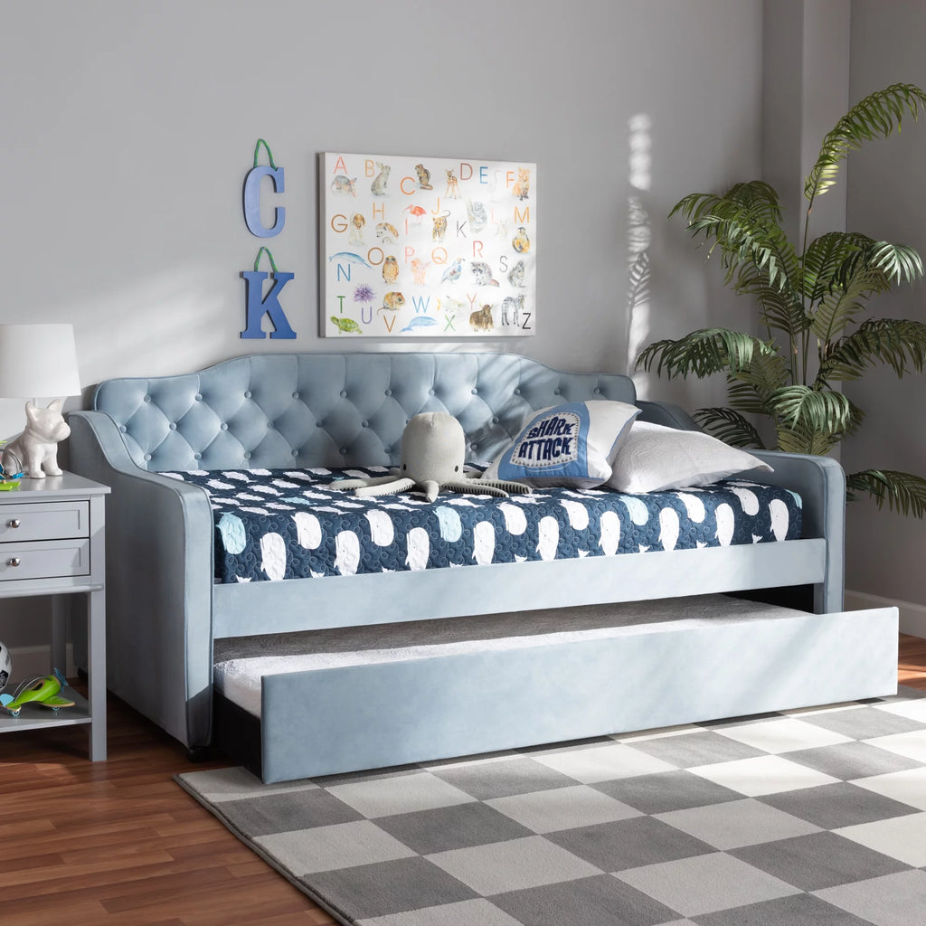 Baxton Studio Freda Transitional and Contemporary Light Blue Velvet Upholstered and Button Tufted Twin Size Daybed with Trundle