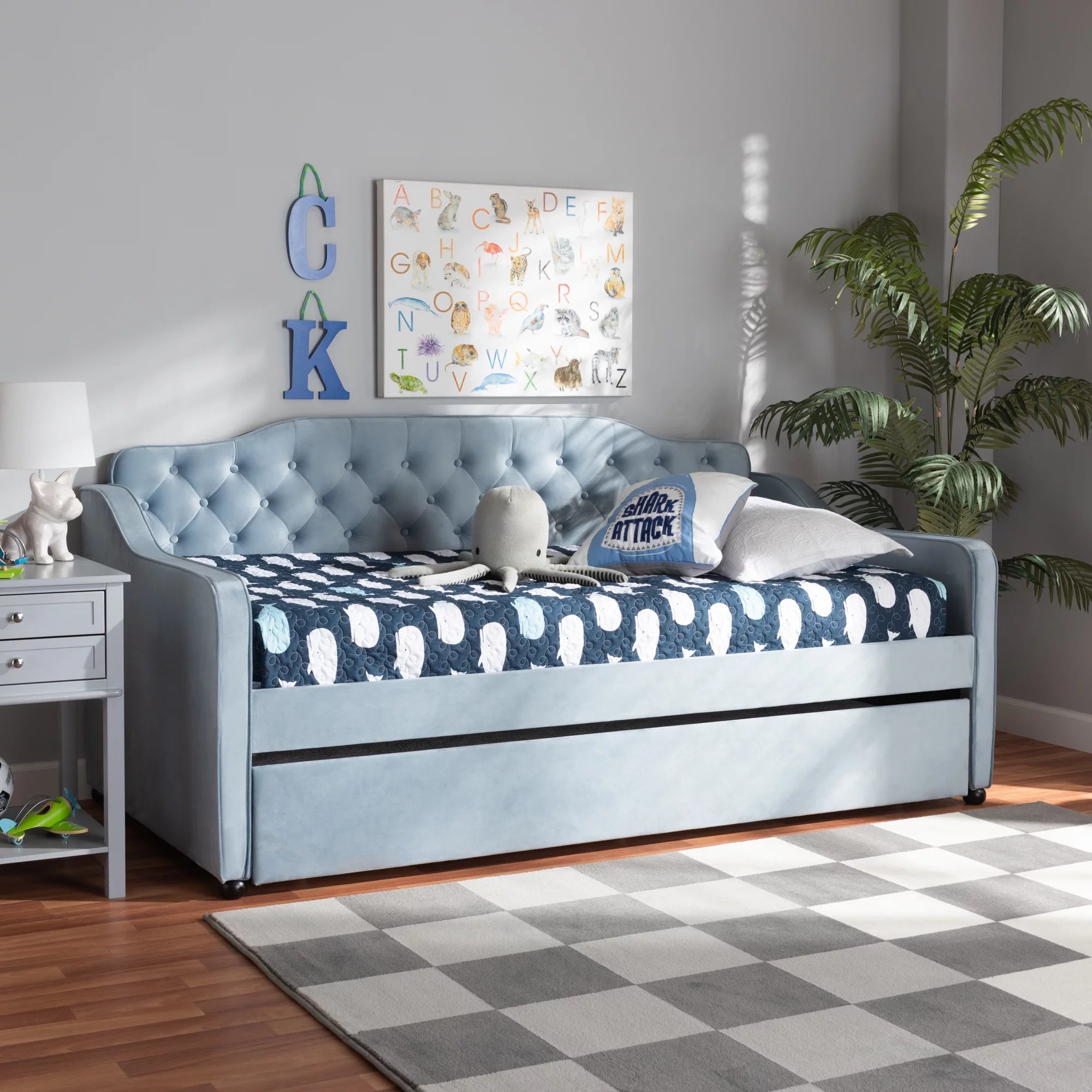 Baxton Studio Freda Transitional and Contemporary Light Blue Velvet Upholstered and Button Tufted Twin Size Daybed with Trundle