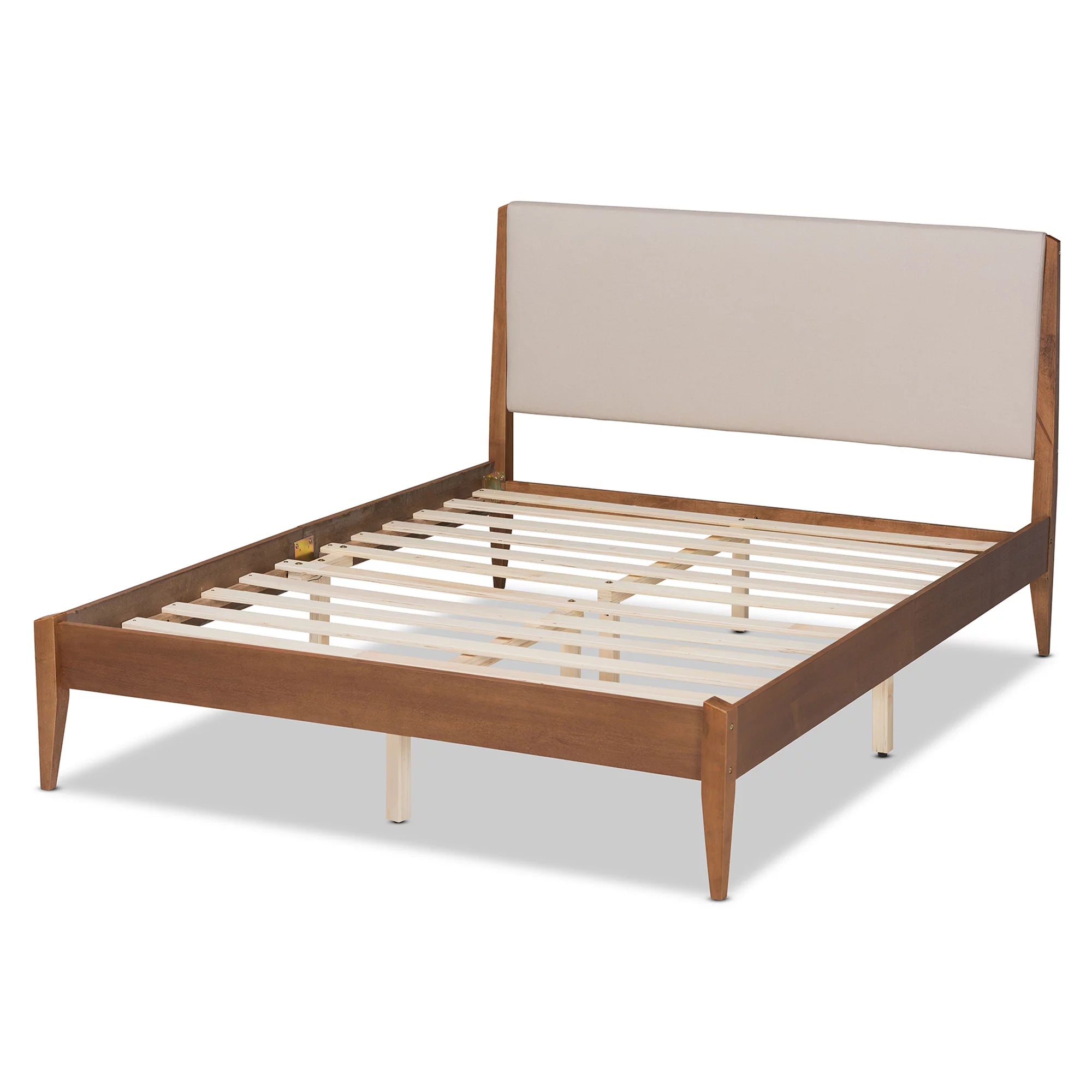 Baxton Studio Lenora Mid-Century Modern Beige Fabric Upholstered and Walnut Brown Finished Wood Queen Size Platform Bed