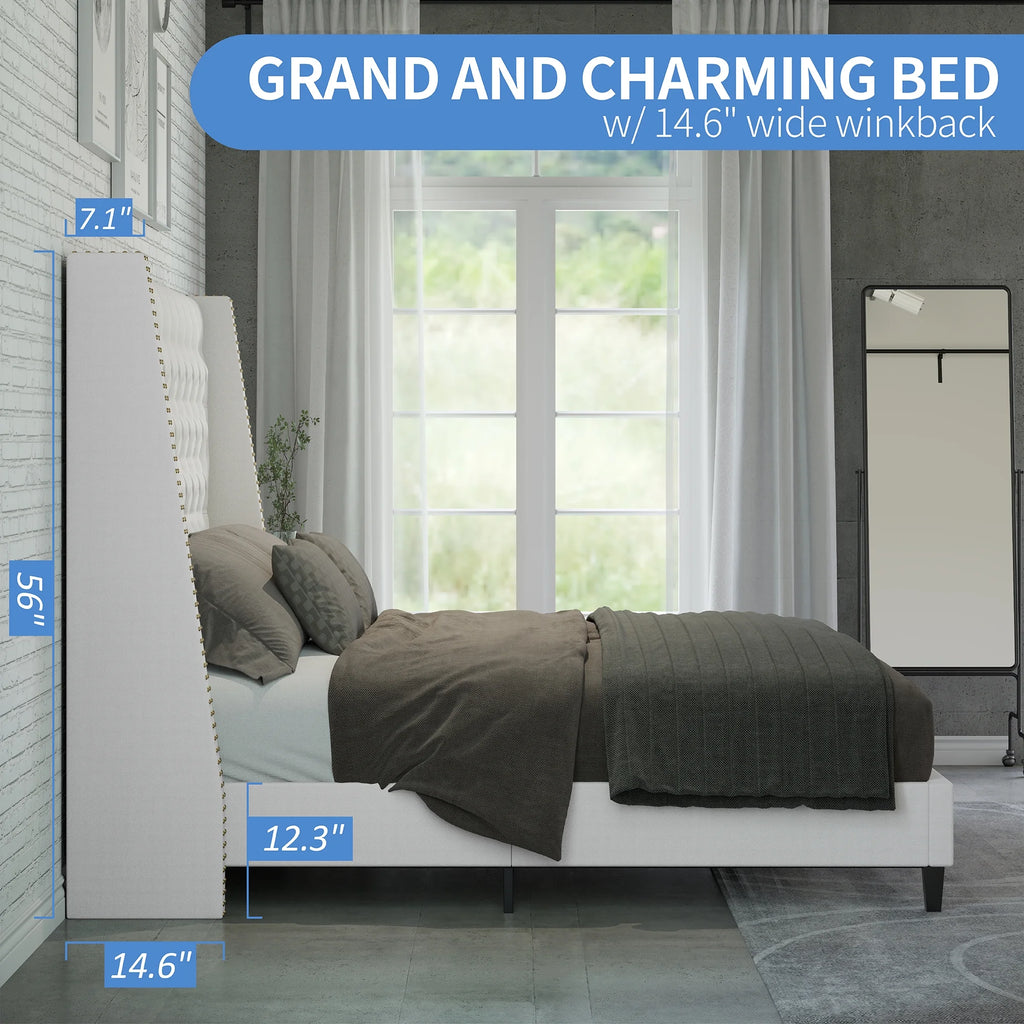 Amerlife Queen Size Nail Button Tufted Wingback Bed Frame, Linen Upholstered Platform Bed with 56" High Wingback Headboard, No Box Spring Needed, White