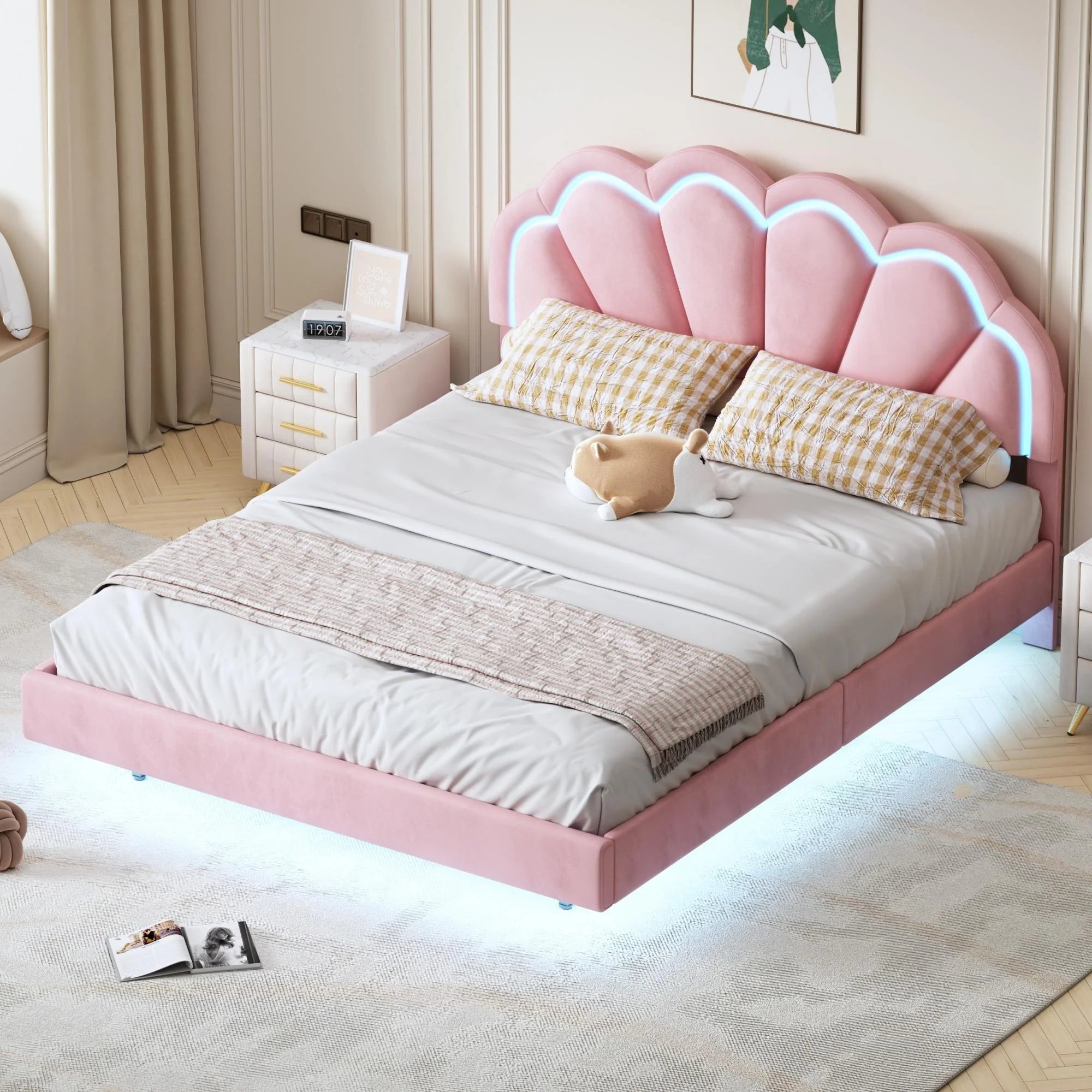 Bellemave Queen Size LED Floating Bed Frame, Pink Upholstered Platform Bed with Flowers Headboard, Modern Velvet Cloud Beds with Light for Kids Girls Boys Teens Adults（Pink)