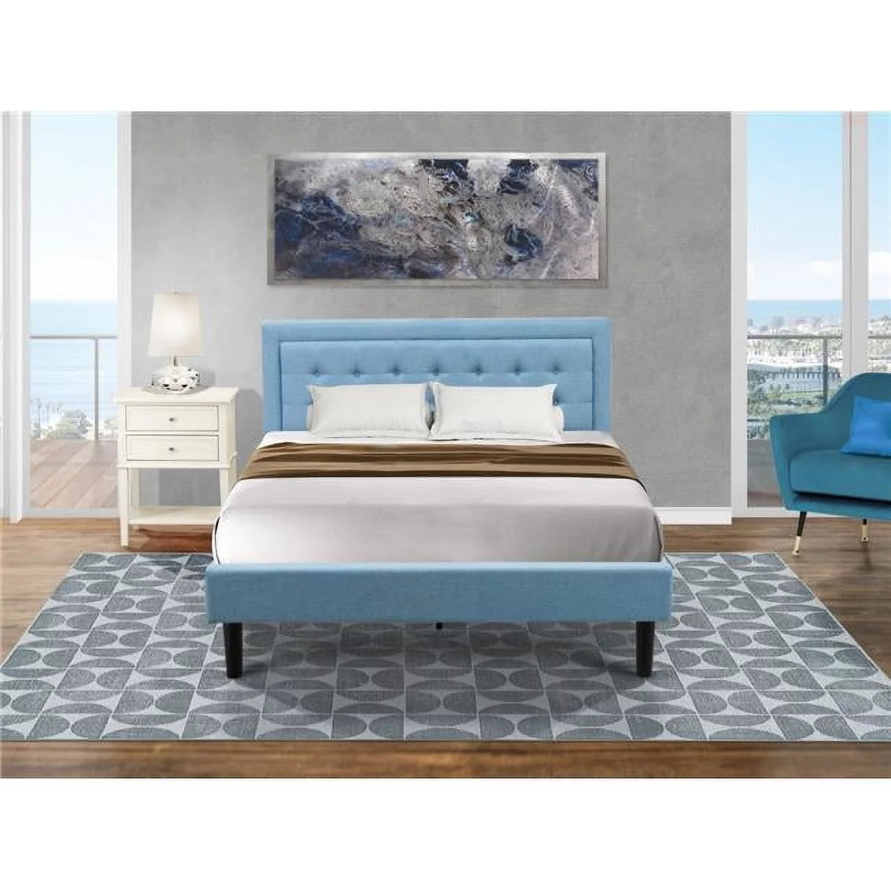 2 Piece Fannin Platform Queen Size Bedroom Set - Denim Blue, Black & Wire Brushed Butter Cream