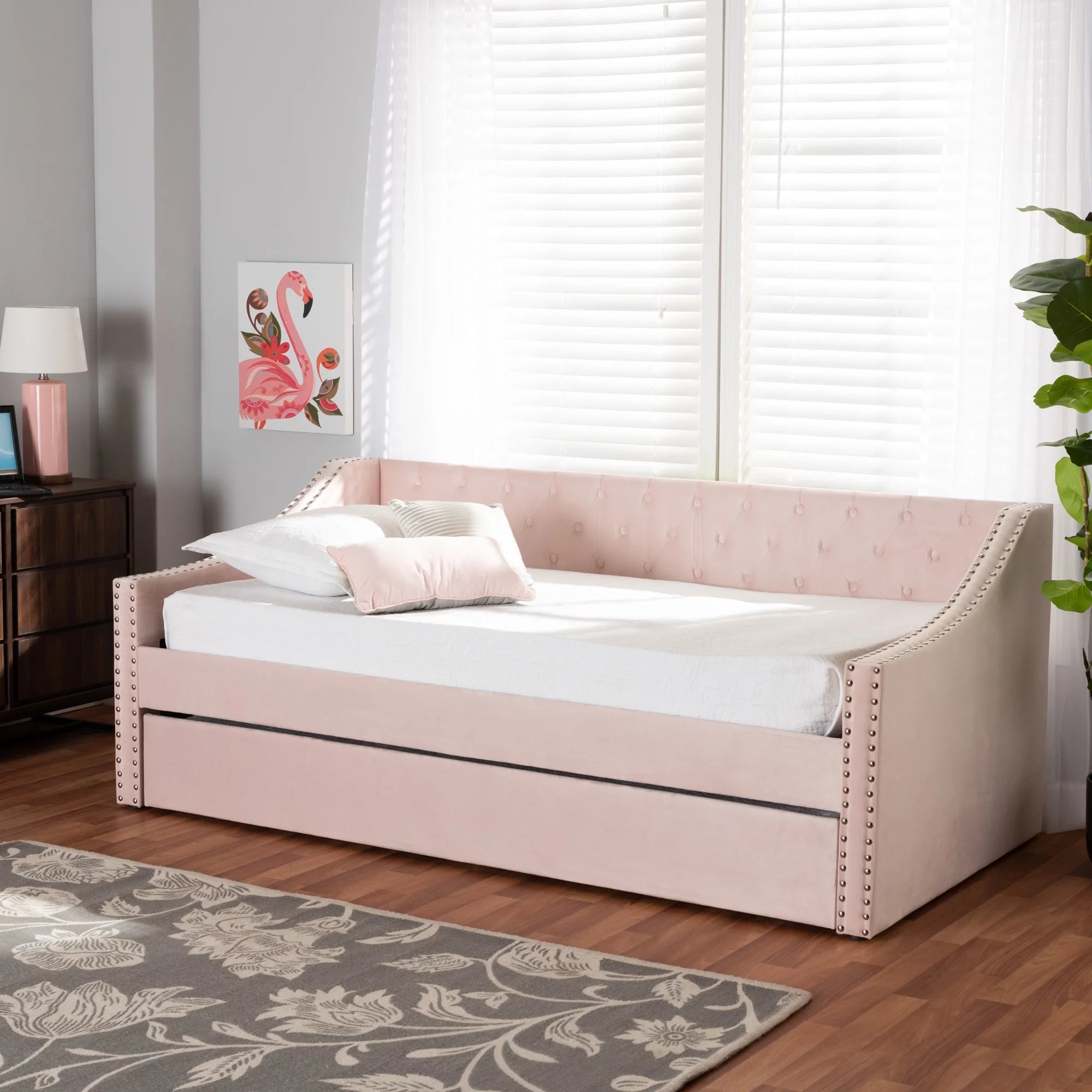 Baxton Studio Raphael Modern Velvet Fabric Upholstered Daybed with Trundle Navy Queen