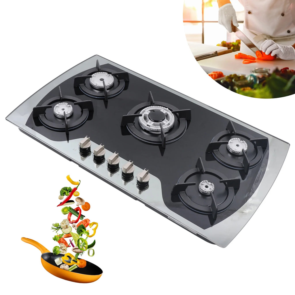 35 Inch Built-in Gas Cooktop 5 Burners Gas Stove Gas Hob Stovetop Stainless Steel Cooktop Cast Iron Grates, Black