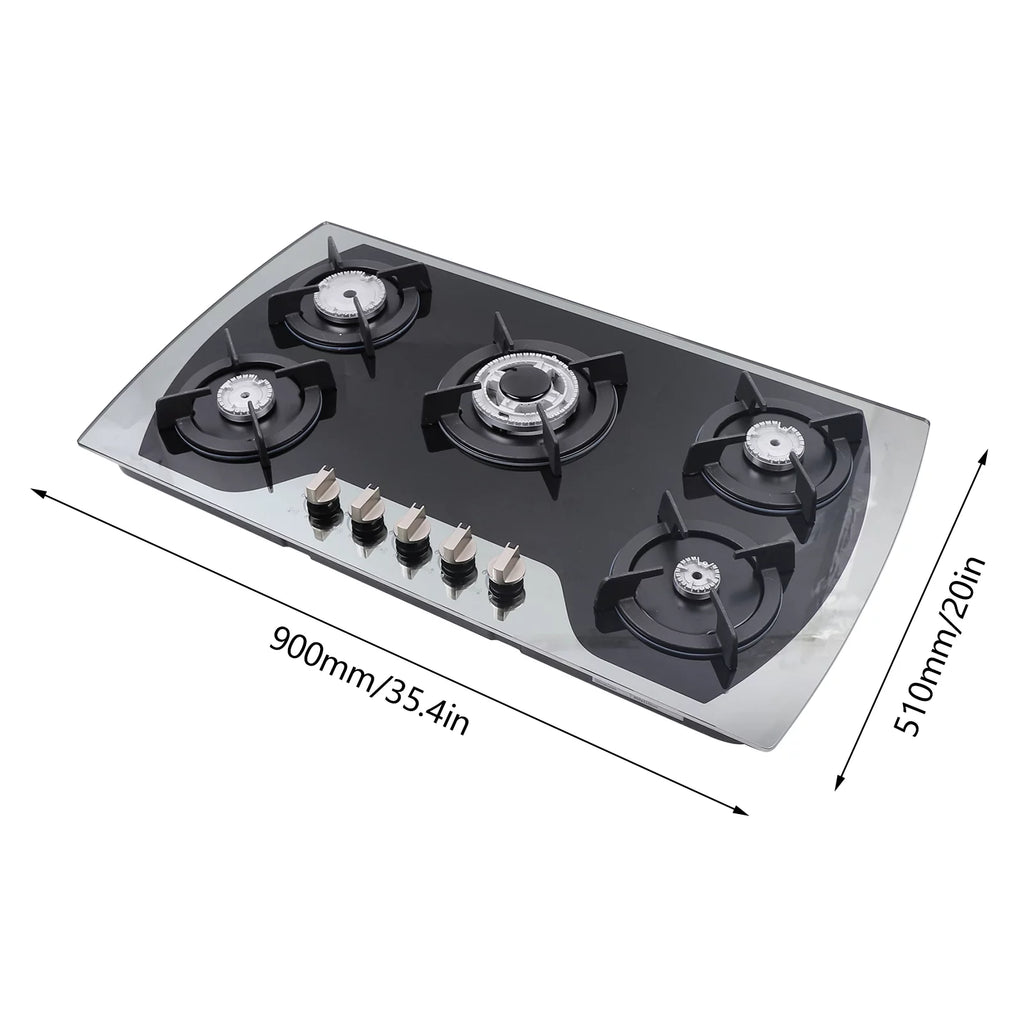 35 Inch Built-in Gas Cooktop 5 Burners Gas Stove Gas Hob Stovetop Stainless Steel Cooktop Cast Iron Grates, Black