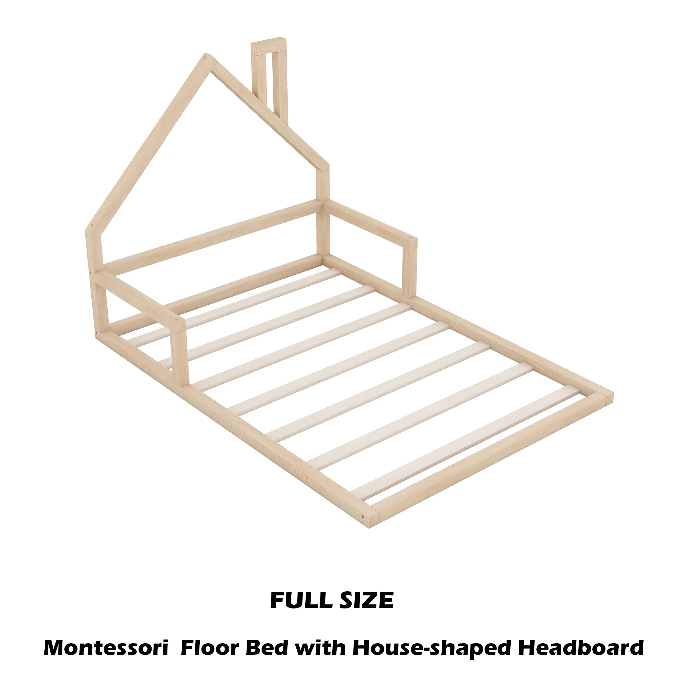 Bellemave Full Size Wood Floor Bed with House-shaped Headboard Toddler Bed Frame Montessori Floor Bed with Rails and Wooden Slats for Kids, Boys, Girls, No Box Spring Needed, Natural