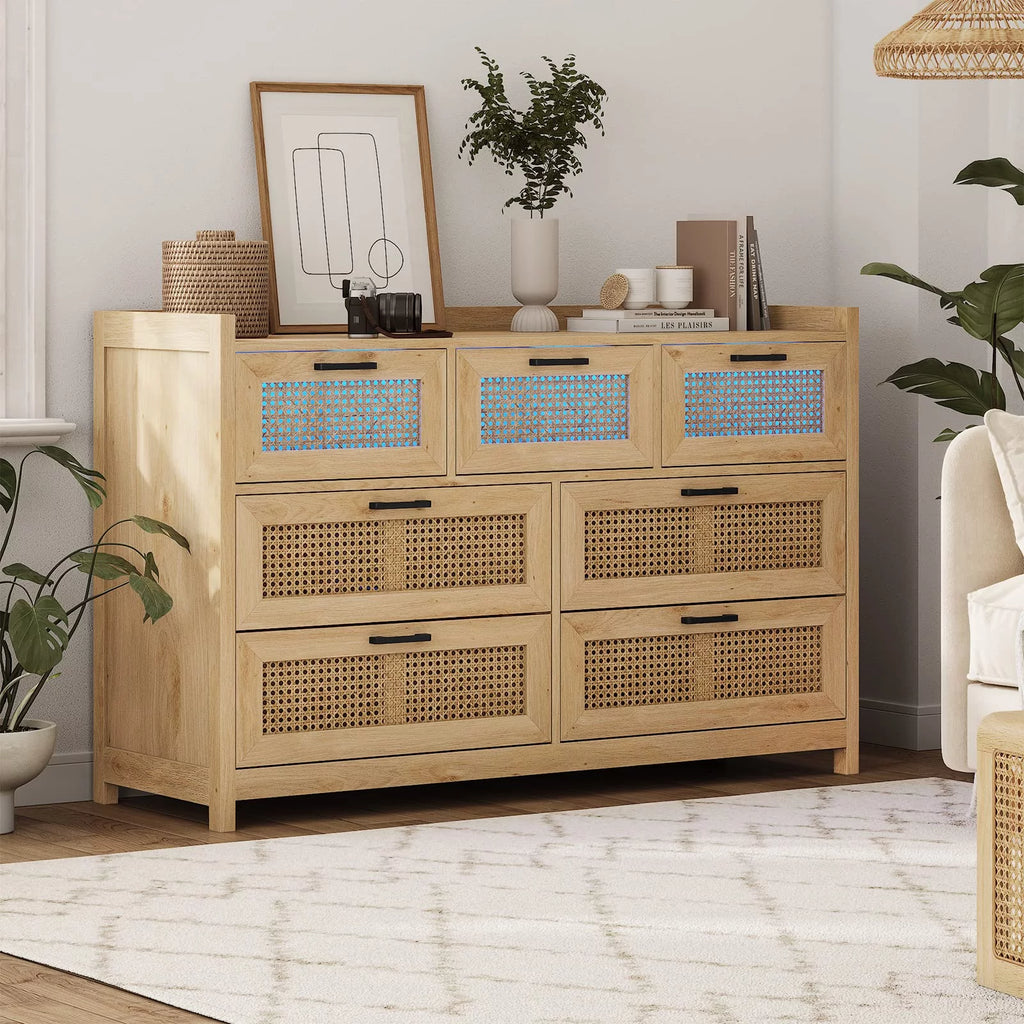 7 Drawer Dressers for Bedroom with Led Lights,Natural Rattan Chests of Drawers for Living Room Hallway Entryway