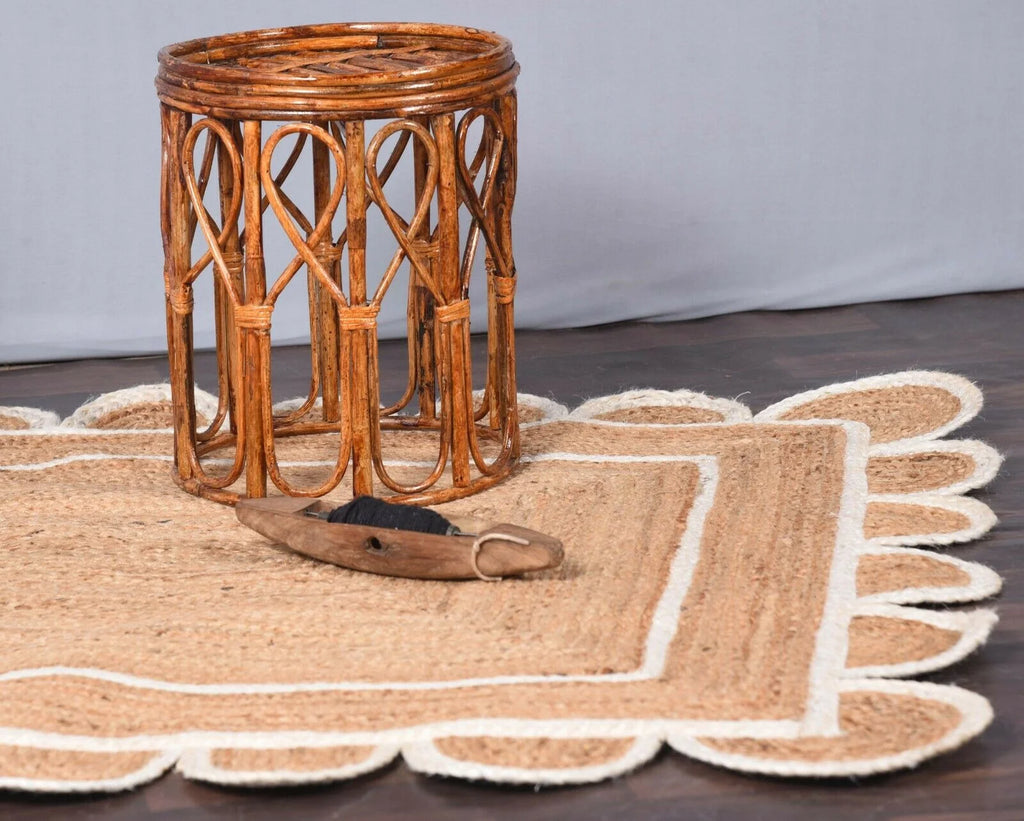 2 x 3 Feet ( 60 cm x 90 cm ) Natural Jute with White Scalloped Area Rugs , Home Decor Rugs