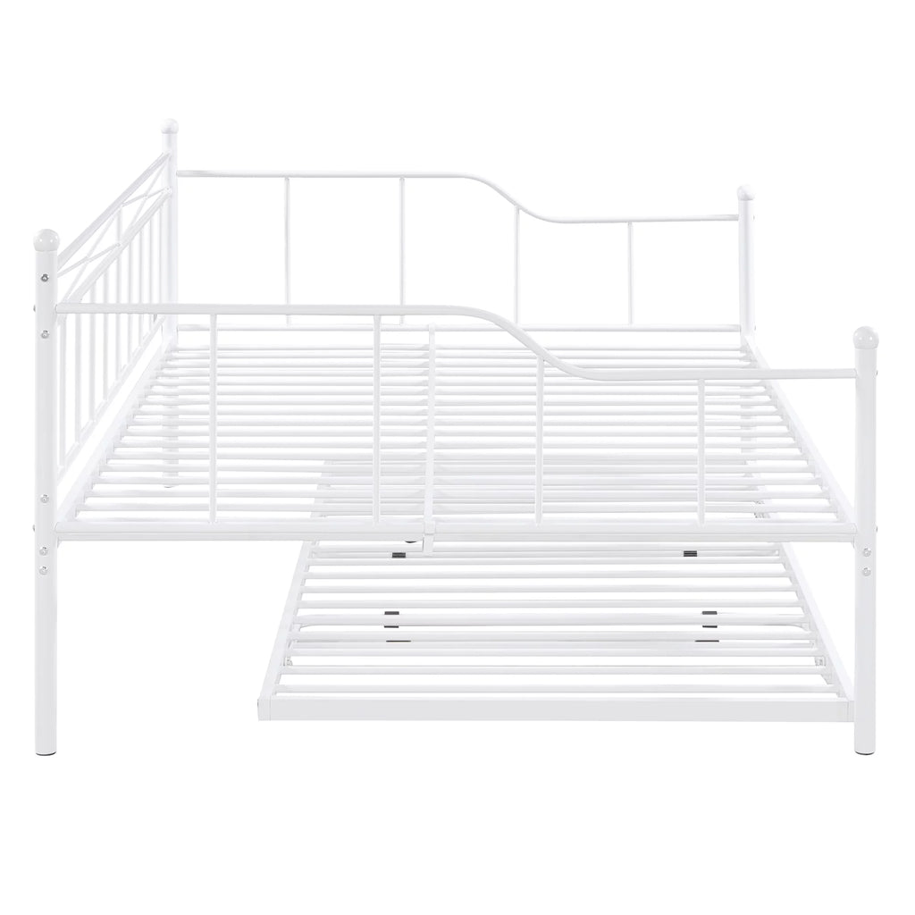 Bellemave Full Size Metal Daybed with Twin Size Adjustable Trundle,Portable Folding Trundle,Heavy-Duty Steel Daybed Frame with Pull Down Trundle Bed Space Saving Design(White)