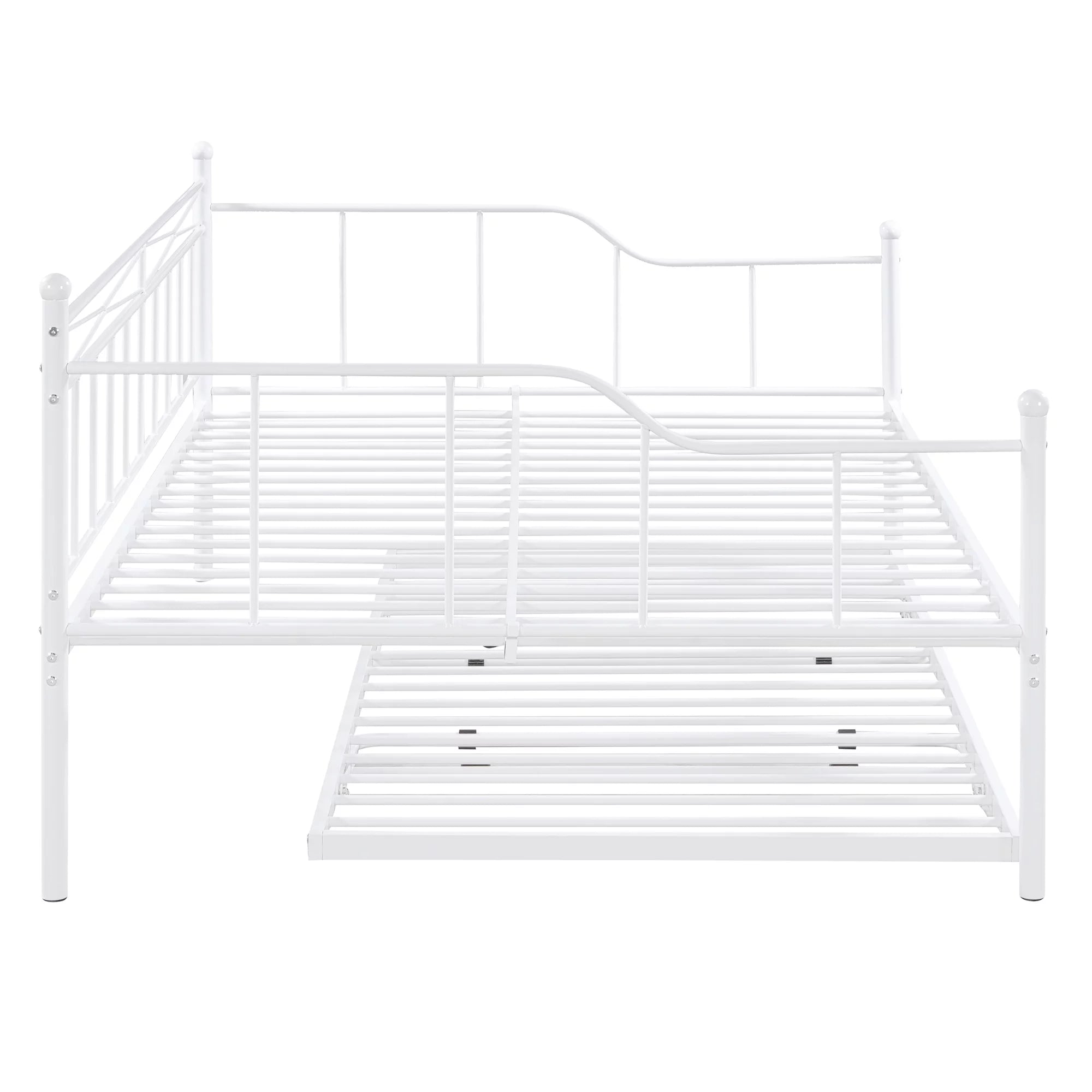 Bellemave Full Size Metal Daybed with Twin Size Adjustable Trundle,Portable Folding Trundle,Heavy-Duty Steel Daybed Frame with Pull Down Trundle Bed Space Saving Design(White)