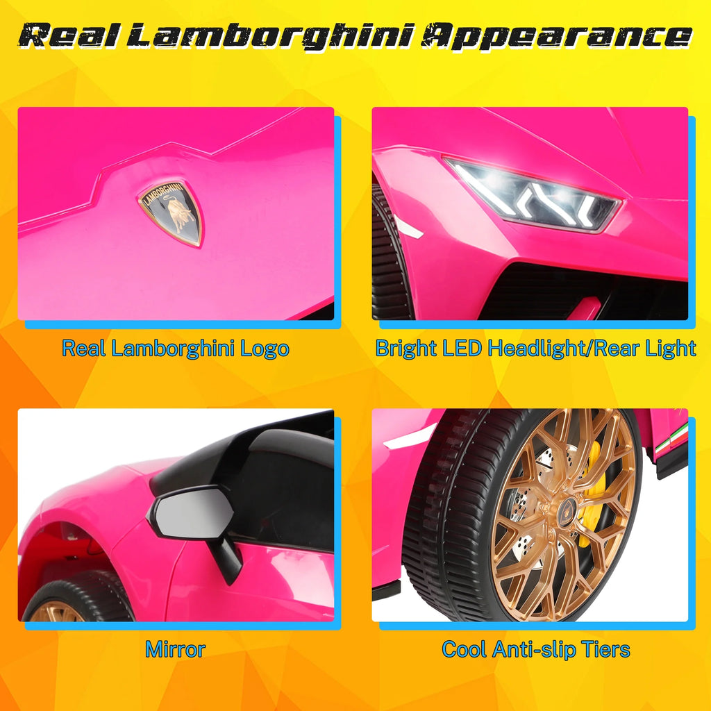 24V Ride on Cars 2 Seater for Kids, Lamborghini Huracan Battery Powered Ride on Toy Sports Car with Remote Control, Electric Car for Girls Boys 3-8 with Music/LED Lights/Bluetooth/4WD, Pink