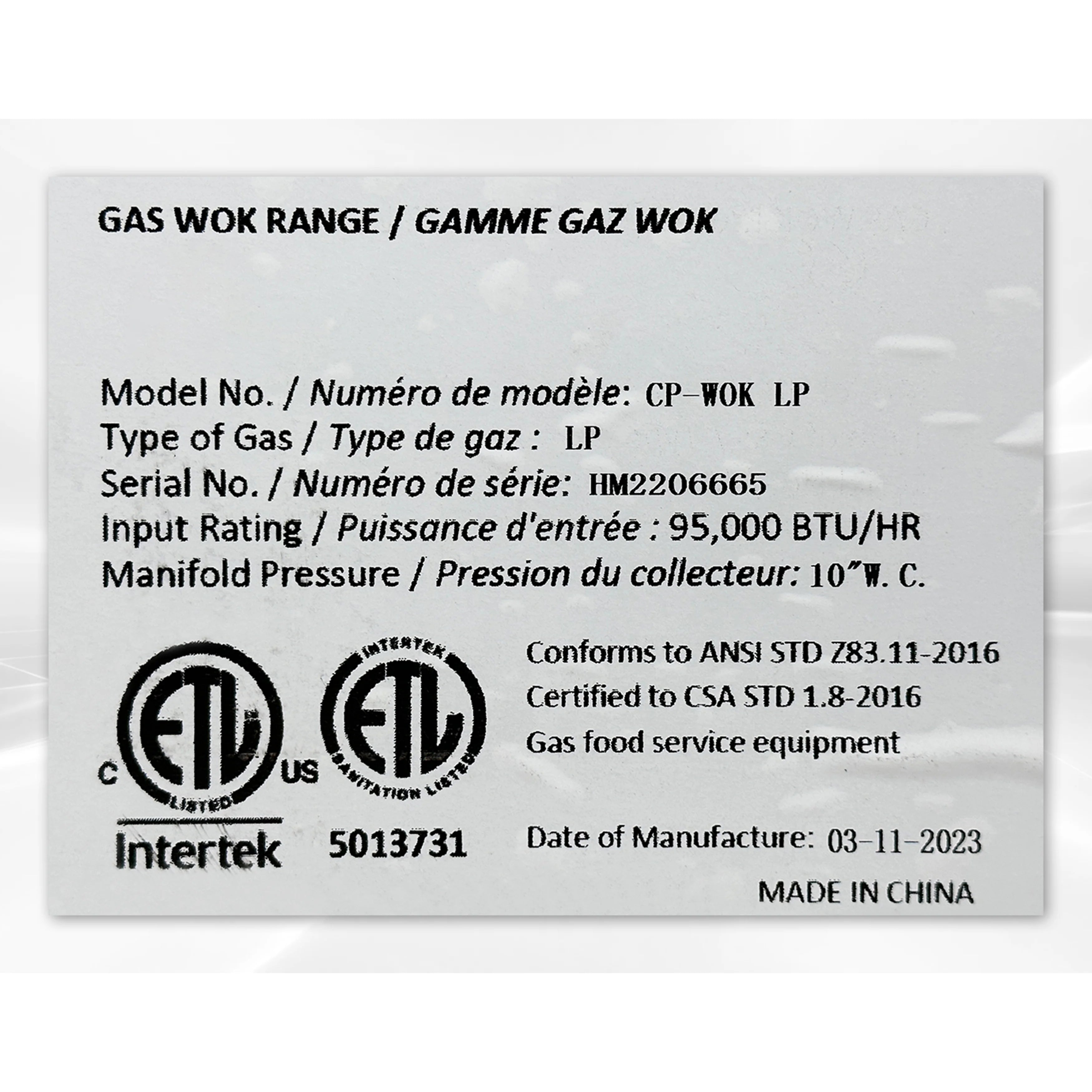 18 in. Commercial Heavy-duty 1 Jet Burner Chinese Wok Range CP-WOK Propane 95,000 BTU