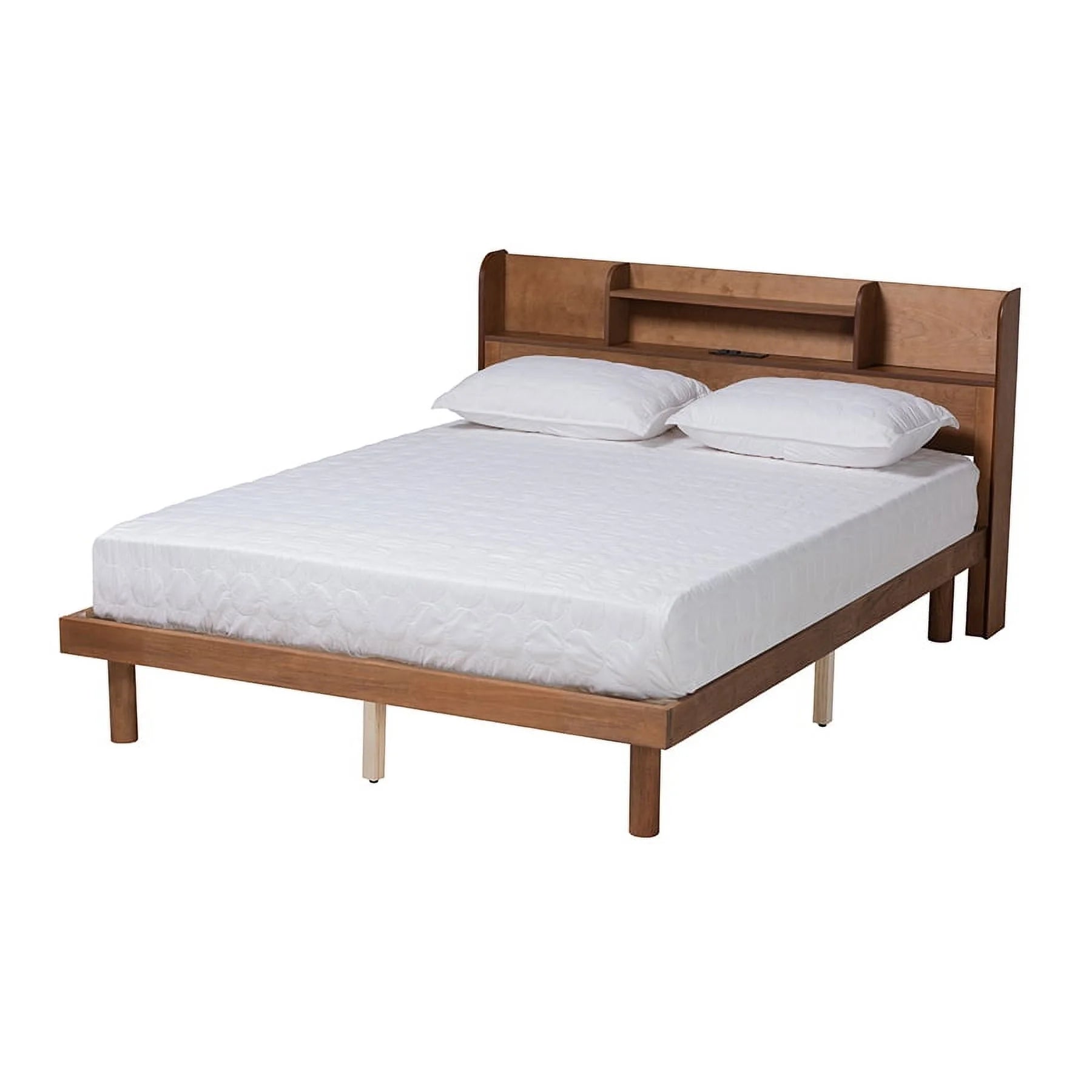 Baxton Studio Harper Mid-Century Modern Transitional Walnut Brown Finished Wood Full Size Platform Bed with Charging