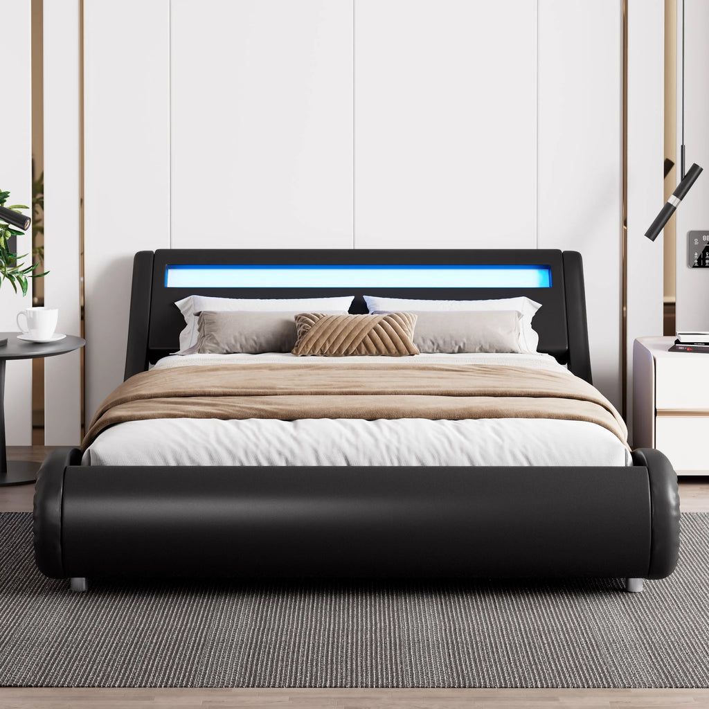 Amolife Queen Size Wave-Like Curve Deluxe Upholstered Modern Bed Frame with LED Headboard, Black
