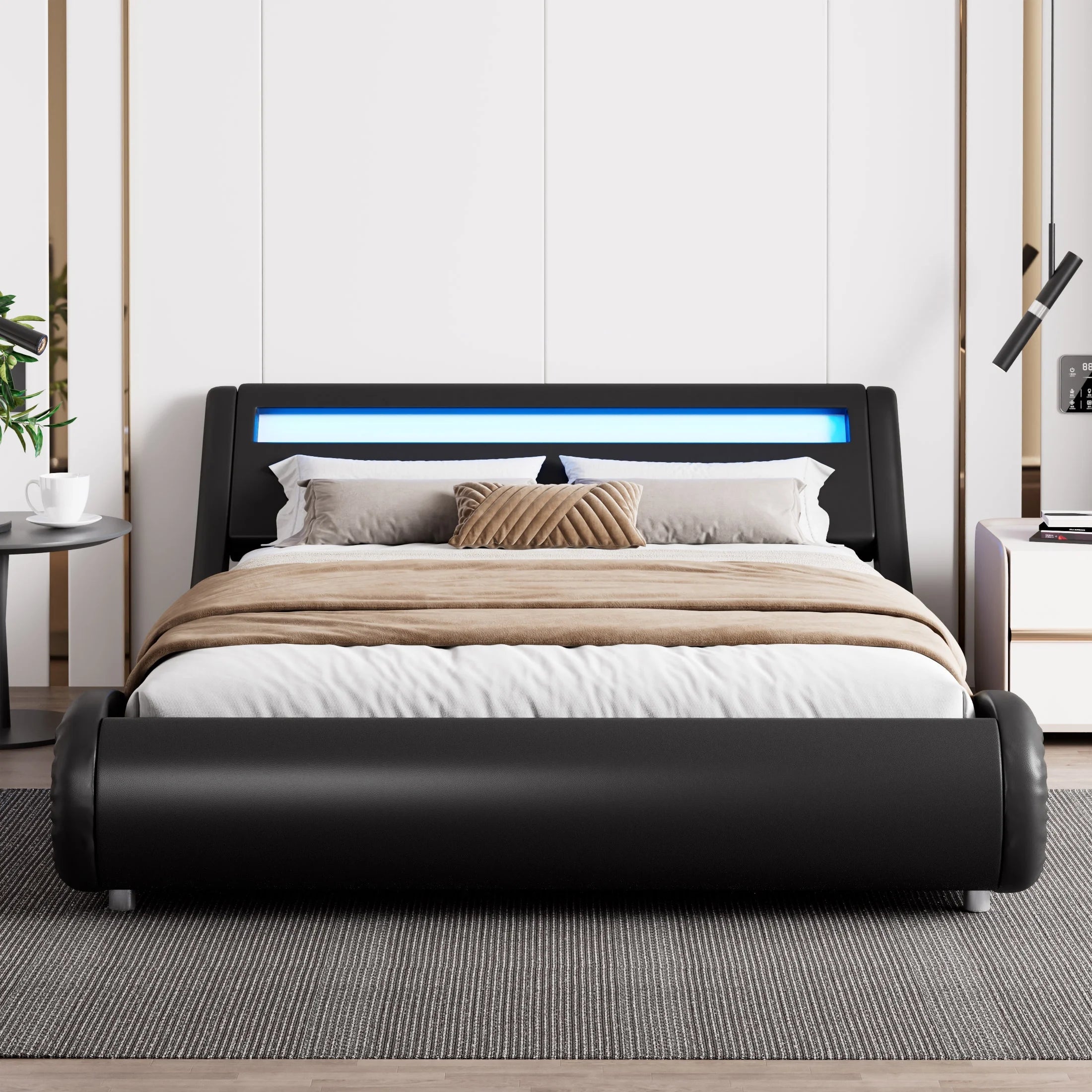 Amolife Queen Size Wave-Like Curve Deluxe Upholstered Modern Bed Frame with LED Headboard, Black