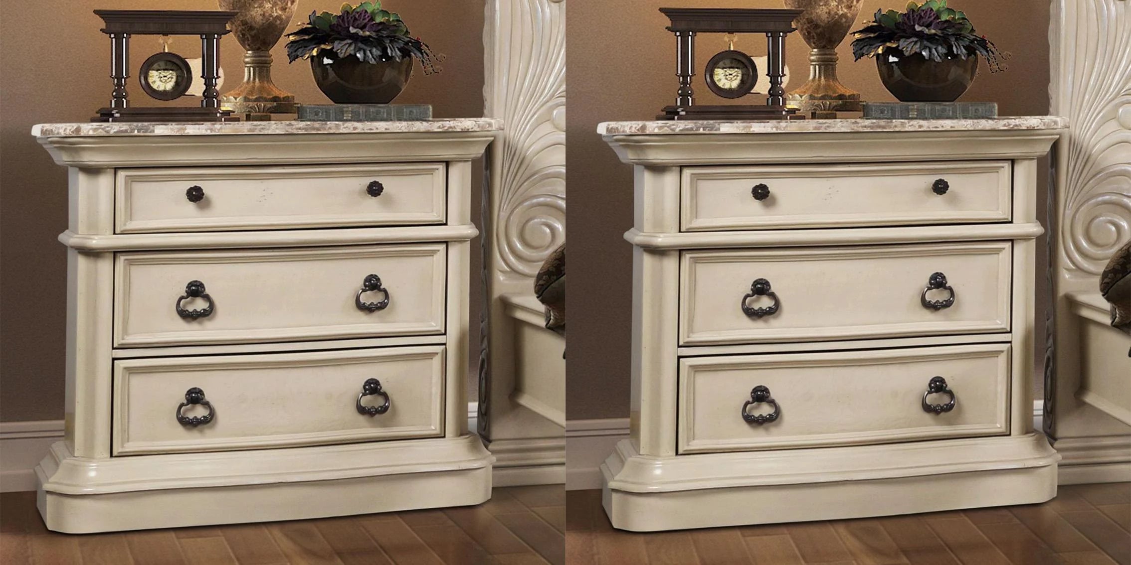 Antique White Solid Hardwood/Marble Queen Bedroom Set 7P McFerran B6007 Classic