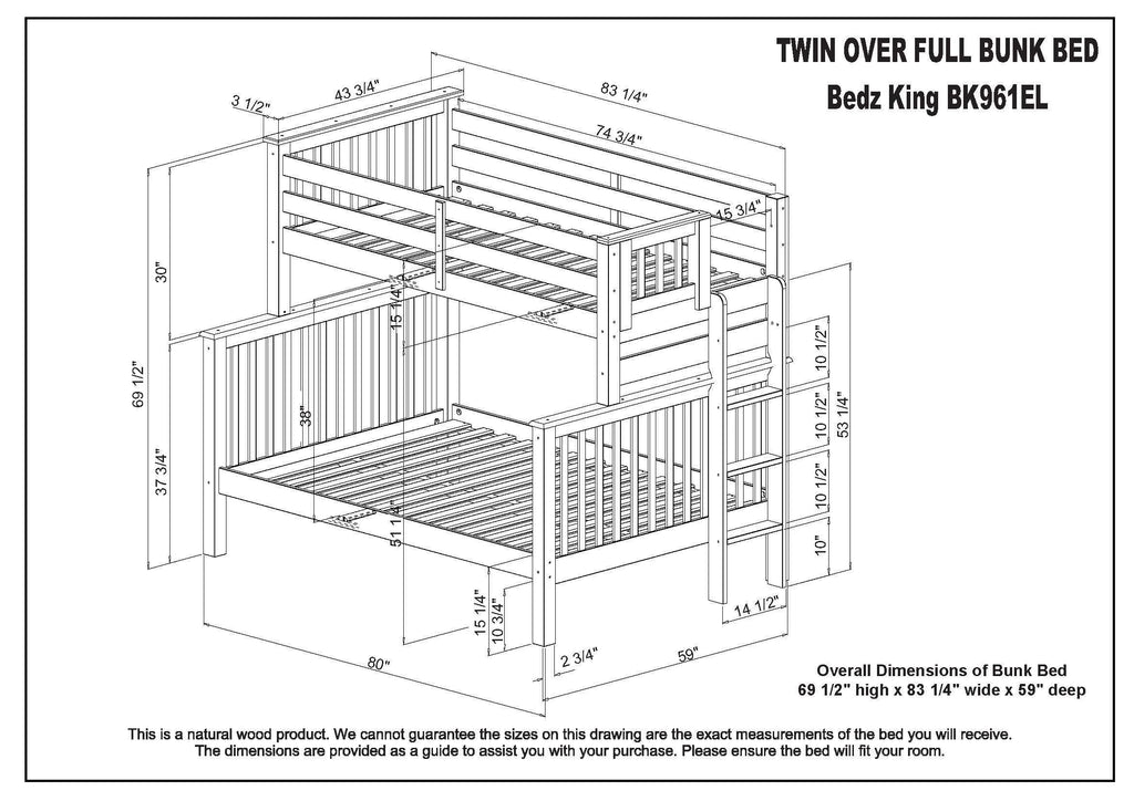 Bedz King Bunk Beds Twin over Full Mission Style with End Ladder and a Full Trundle, Gray