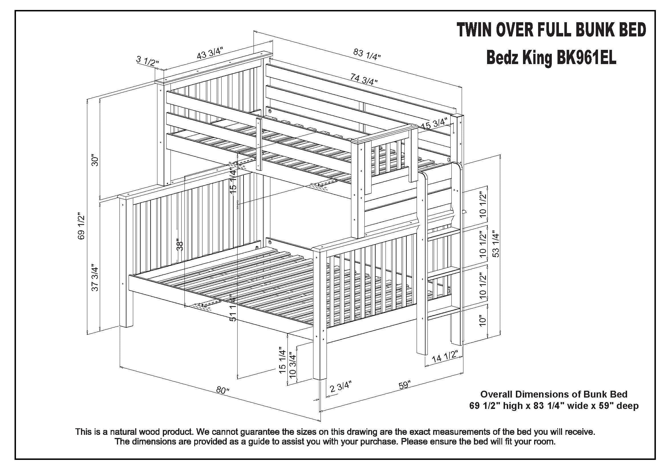 Bedz King Bunk Beds Twin over Full Mission Style with End Ladder and a Full Trundle, Gray
