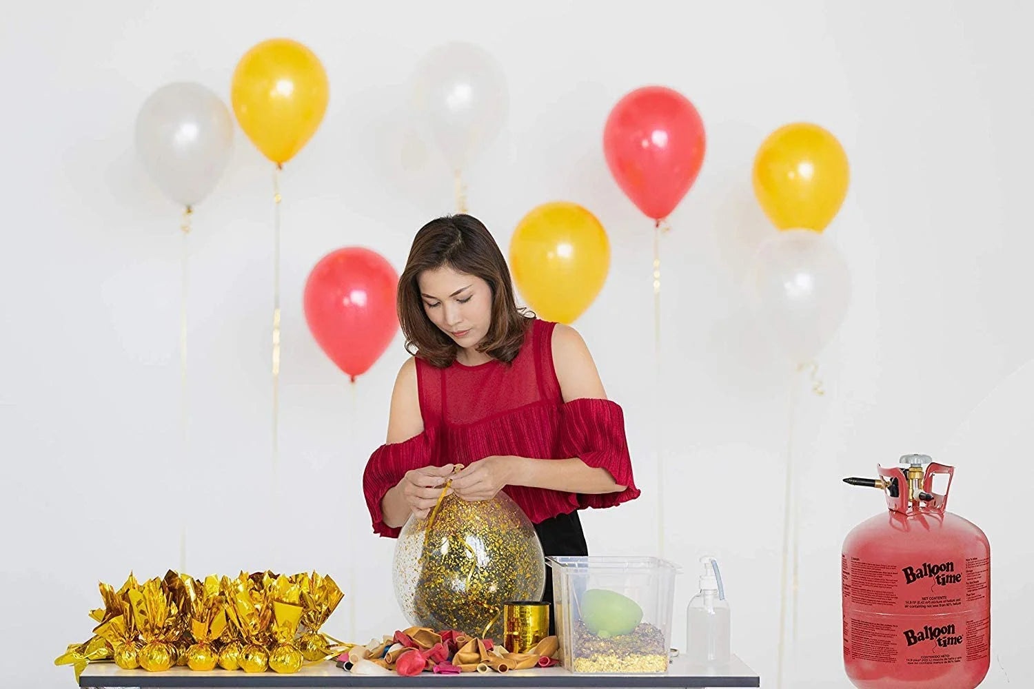 Balloon Time Disposable Helium Tank 14.9-50 Latex Party Balloons and Curling Ribbon + Hi float - Plus Drawstring Backpack Bag