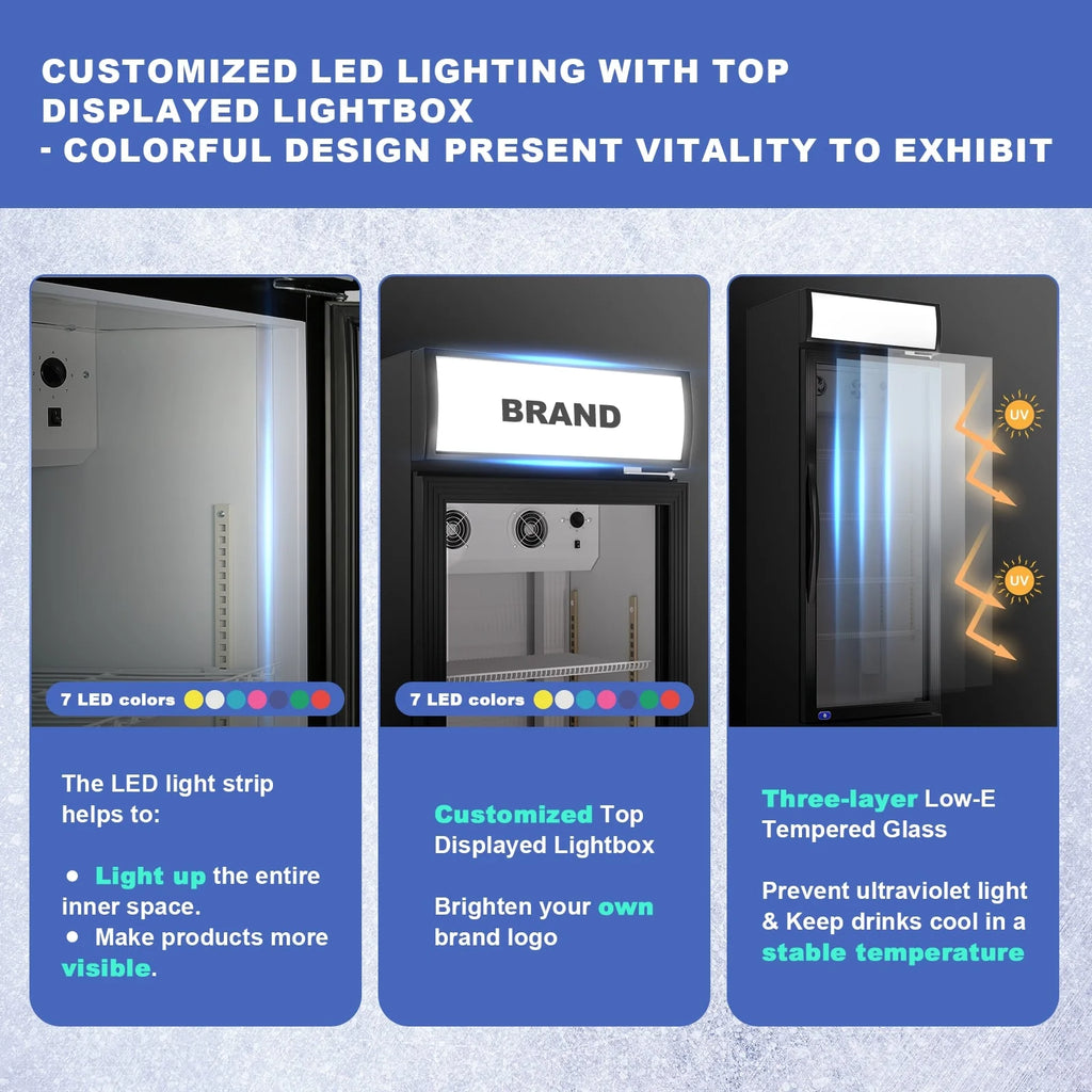 23 in. Merchandiser Refrigerator Display Glass Door Commercial Refrigerator 10.9 Cu.ft LED Lighting with Lightbox Black