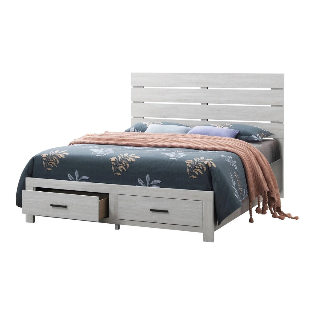 Ach Wood King Storage Bed with 2 Drawers Plank Style Headboard White- Saltoro Sherpi