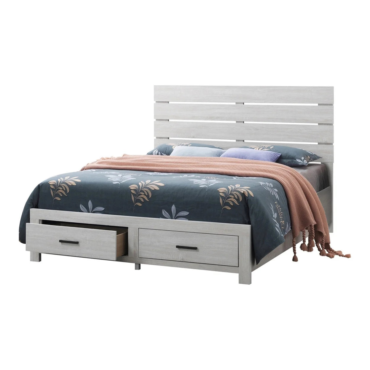 Ach Wood King Storage Bed with 2 Drawers Plank Style Headboard White- Saltoro Sherpi