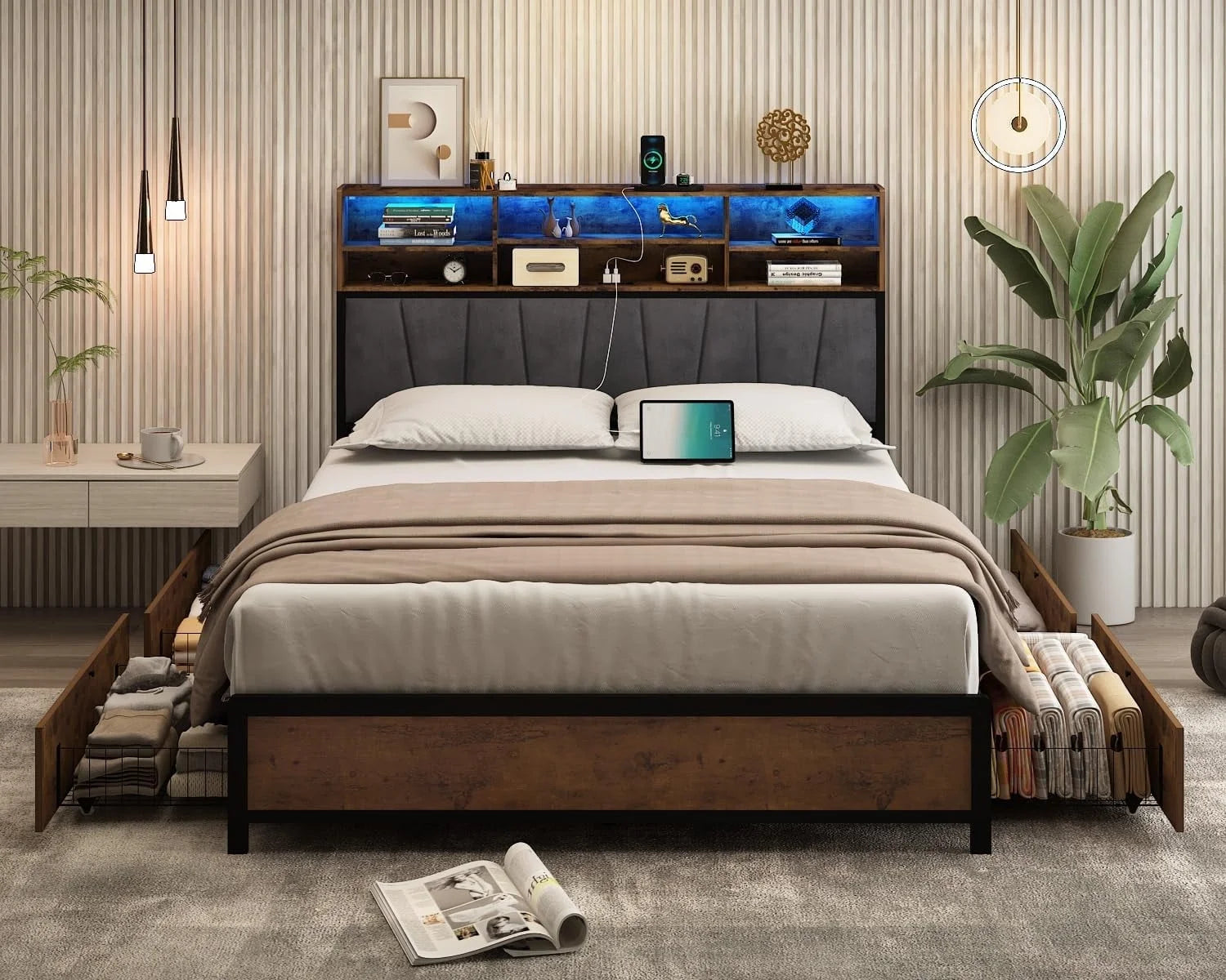 ANPOO LED Bed Frame Queen Size with Bookcase Headboard and 4 Drawers & Outlet Station, Industrial Metal Platform Bed Frame, No Box Spring Needed, Noise-Free, Vintage Brown-Queen