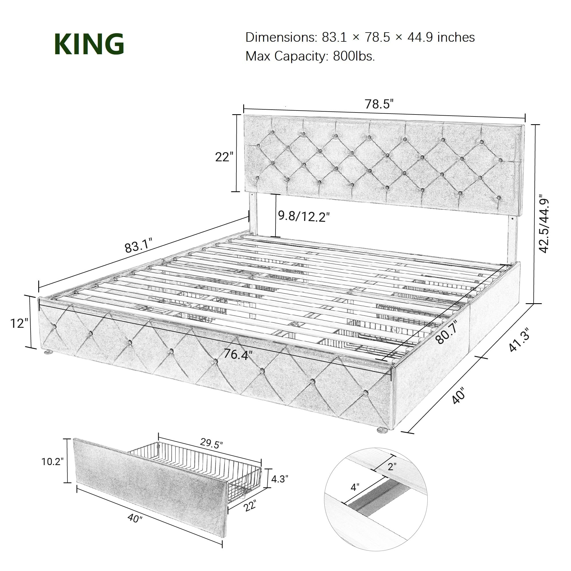 Amolife King Size Faux Leather Platform Bed Frame with 4 Storage Drawers, Button Tufted Style, Black Brown