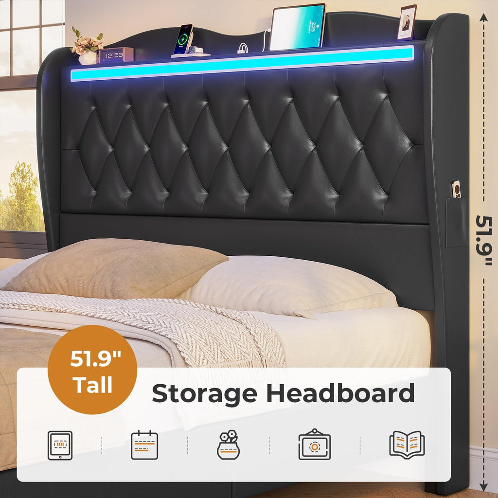 Afuhokles LED Bed Frame King Size with Tall Storage Headboard Footboard, Charging Station, Velvet Upholstered Platform Bed, Gray