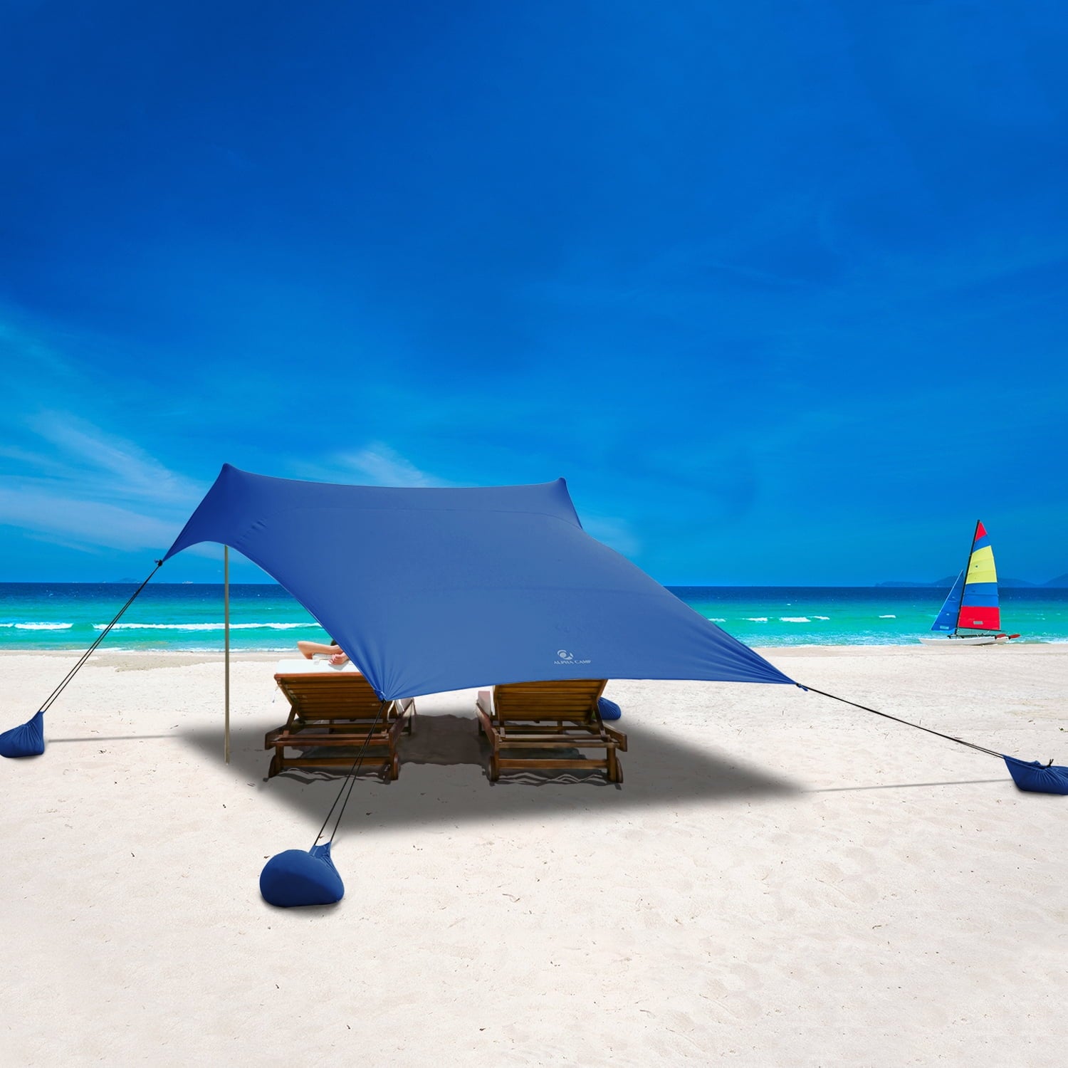 Alpha Camper Sunshade Beach Tent Sun Shelter UPF 50+ Portable Canopy Tent 7.6'x7.2' for 3-4 Person, Blue