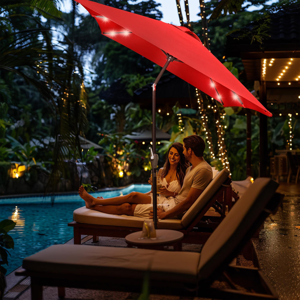10x6.5ft Rectangle Outdoor Patio Beach Market Aluminium Umbrella Sun Shade Solar Powered Led Light Crank Tilt (Red)