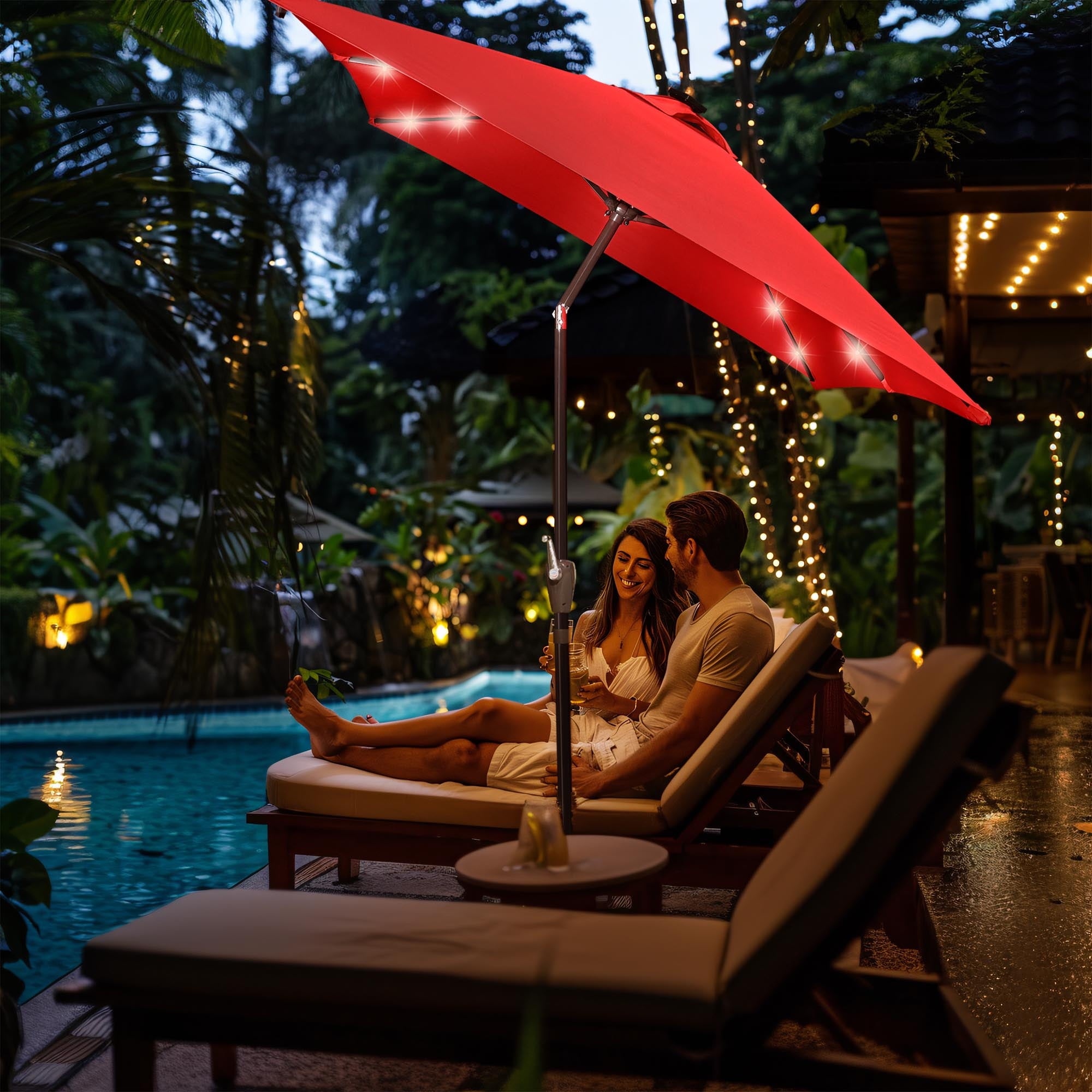 10x6.5ft Rectangle Outdoor Patio Beach Market Aluminium Umbrella Sun Shade Solar Powered Led Light Crank Tilt (Red)
