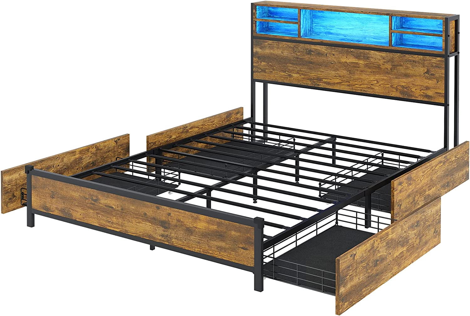 Afuhokles King Bed Frame with LED Lights Headboard, Metal Platform Bed with Outlets and USB Ports, Storage Headboard, Vintage Brown