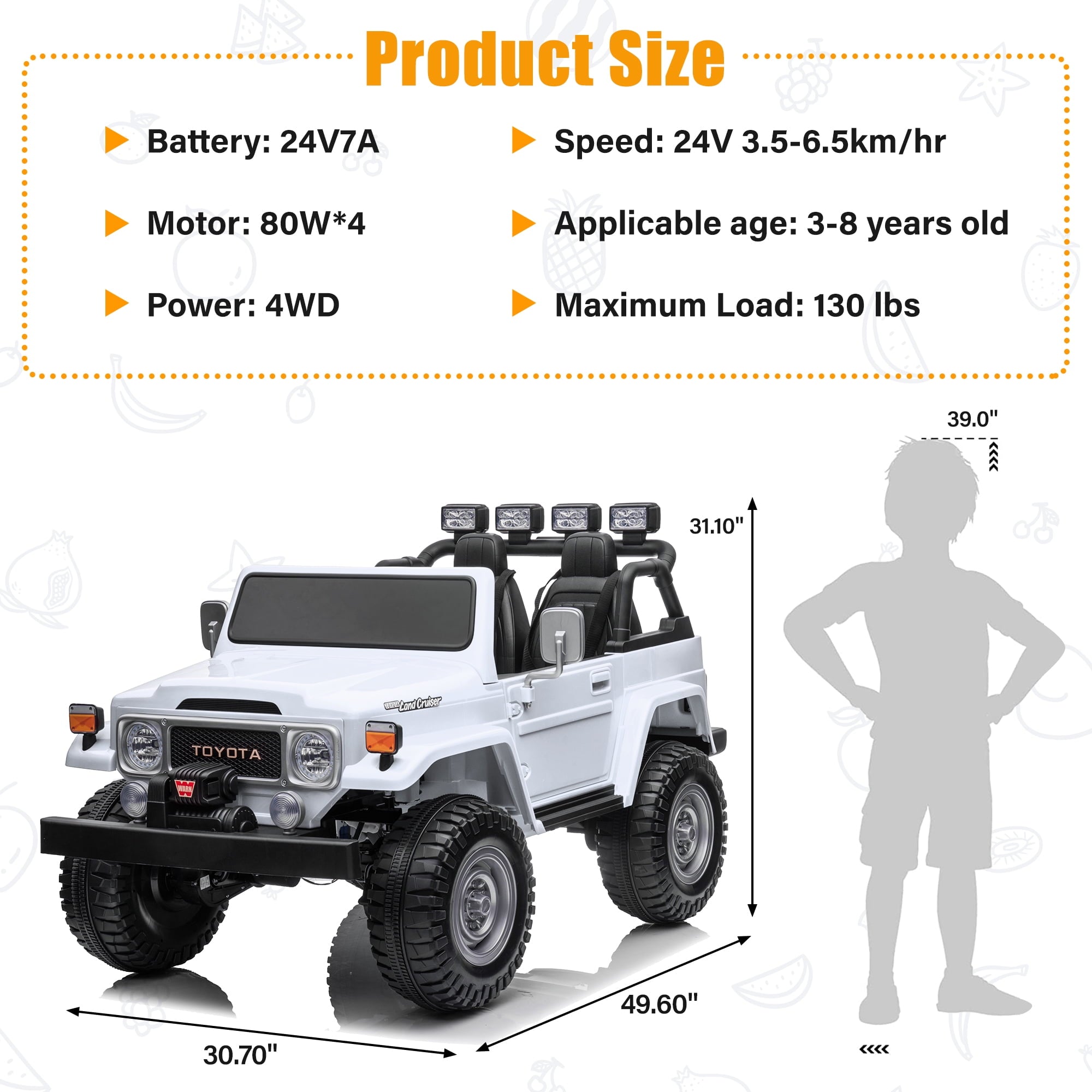 2 Seater 24V Ride on Car, Licensed Toyota Land Cruiser FJ40 Electric Truck with Remote Control, 4x80W Engine, Battery Powered Kid Car to Drive for Boy Girl, White