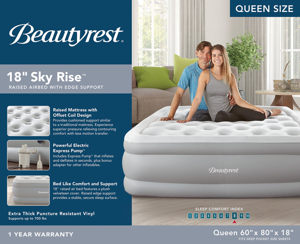 Beautyrest Sky Rise 18" Queen Air Bed Mattress, Raised Inflatable Blow-up Bed, Powerful Pump, Adjustable Firmness